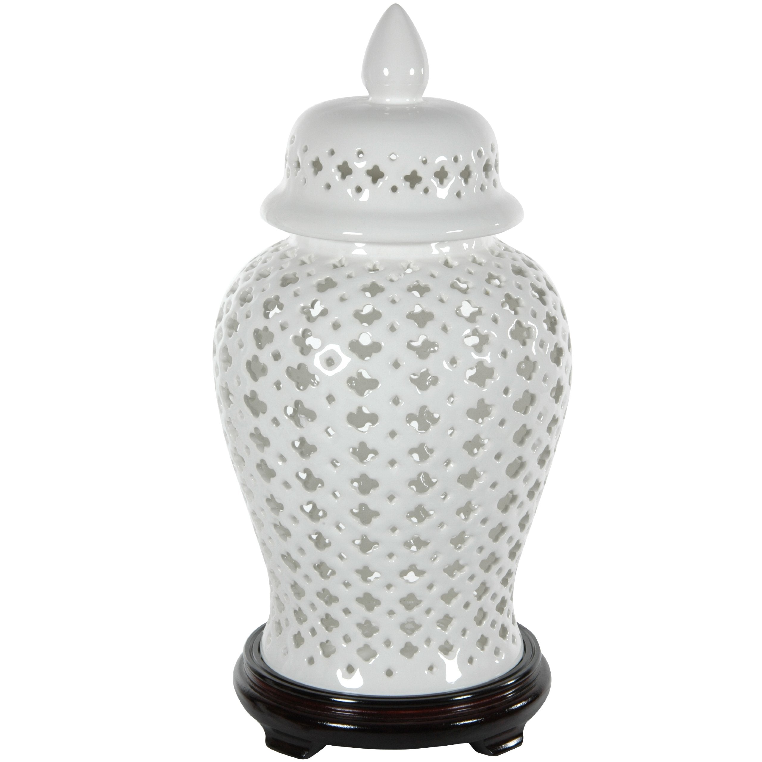 Oriental Furniture 16 Carved Lattice Decorative Temple Jar, White