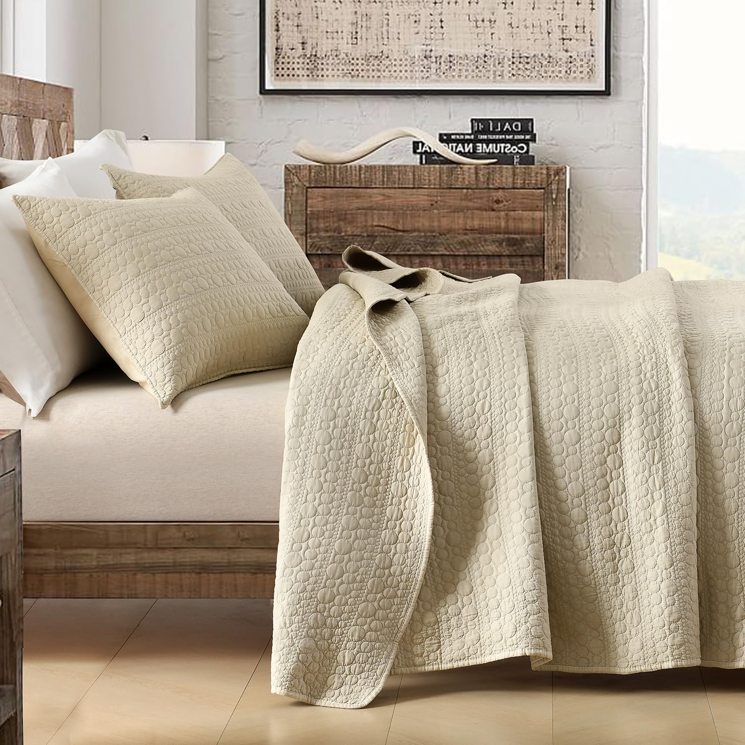 Horimote Home Quilt Set Queen Size Brich Beige, Classic Geometric Spots Stitched Pattern Stone-Washed Microfiber Chic Rustic Loo
