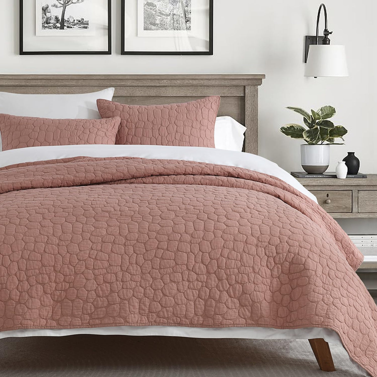 Horimote Home 100% Cotton Quilt Set Twin Size, Cameo Rose Pre-Washed Bedspreads Coverlet Set With Cobblestone Pattern, Cozy Ligh