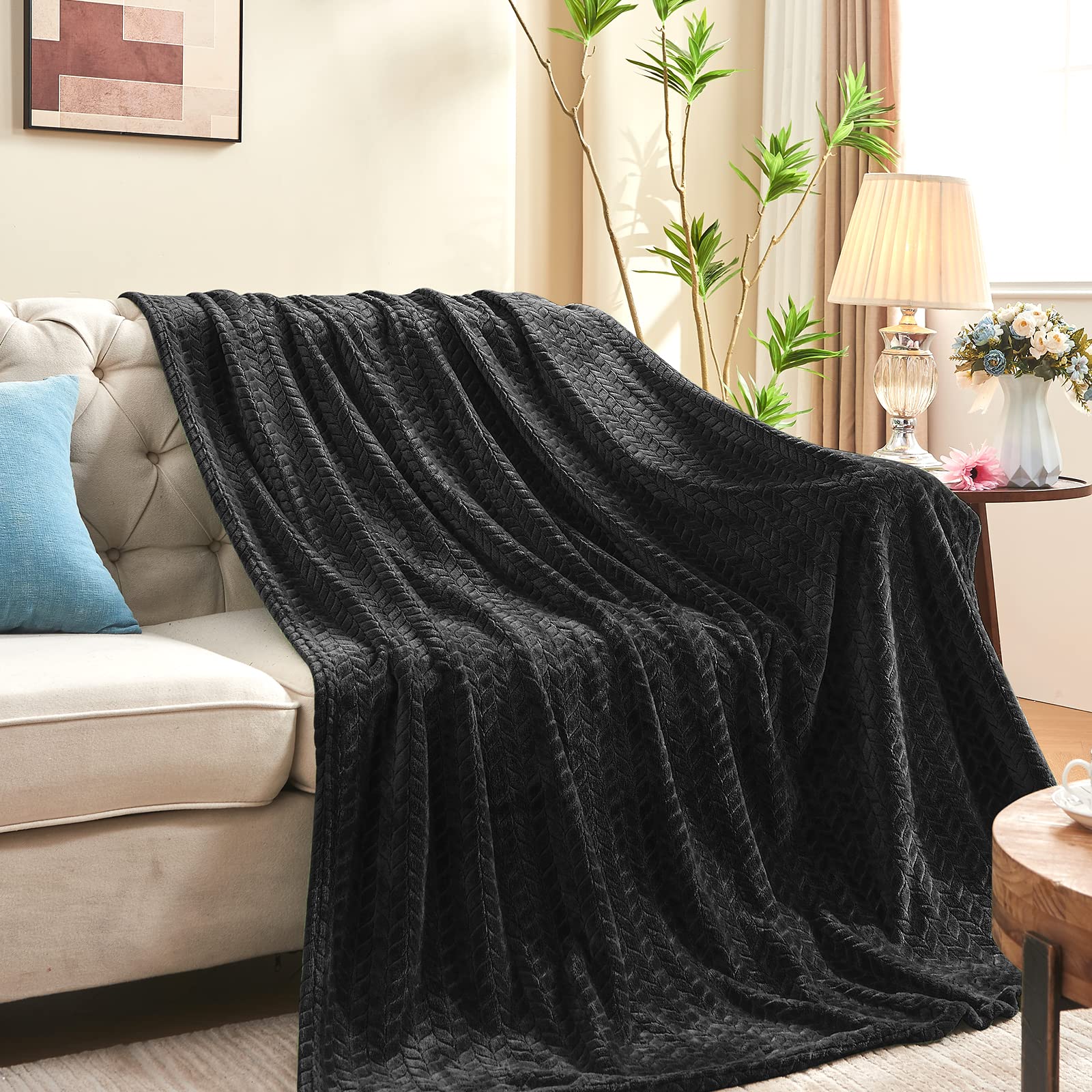 Inhand Black Fleece Twin Blanket, Super Soft Flannel Cozy Blankets For Adults, Lightweight Leaves Pattern Fuzzy Blanket For Couc