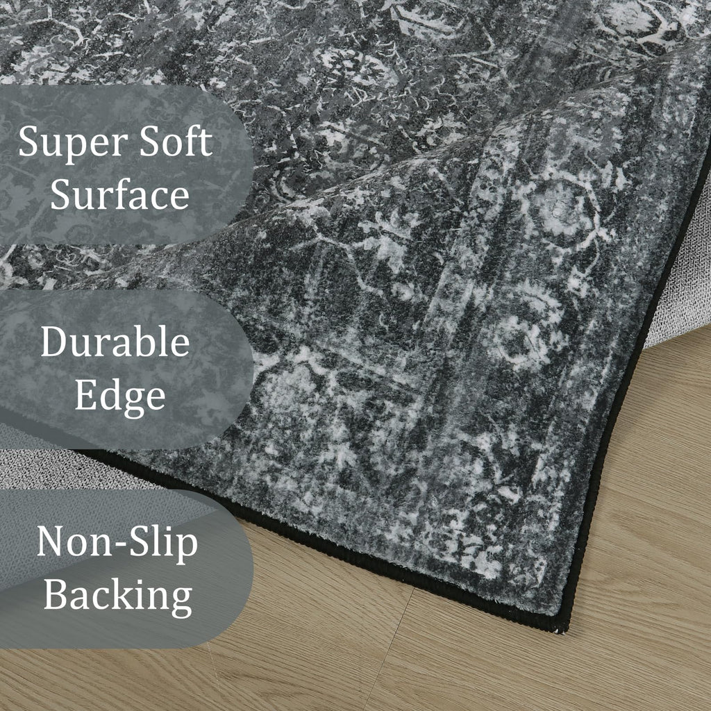 Morebes Vintage Washable Rug Runners For Hallways 10 Feet Non Slip, Distressed Non Skid Bathroom Rugs Long Washable Black Carpet