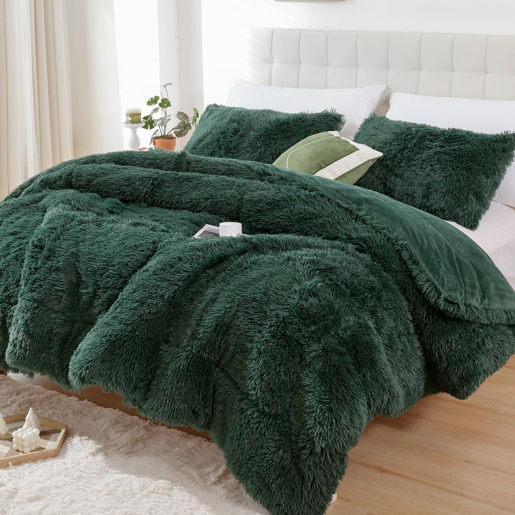 Smoofy Faux Fur Emerald Green Comforter Set Queen Size 3Pcs Fluffy Fuzzy Plush Comforter Set Cute Soft Shaggy Velvet Double-Side