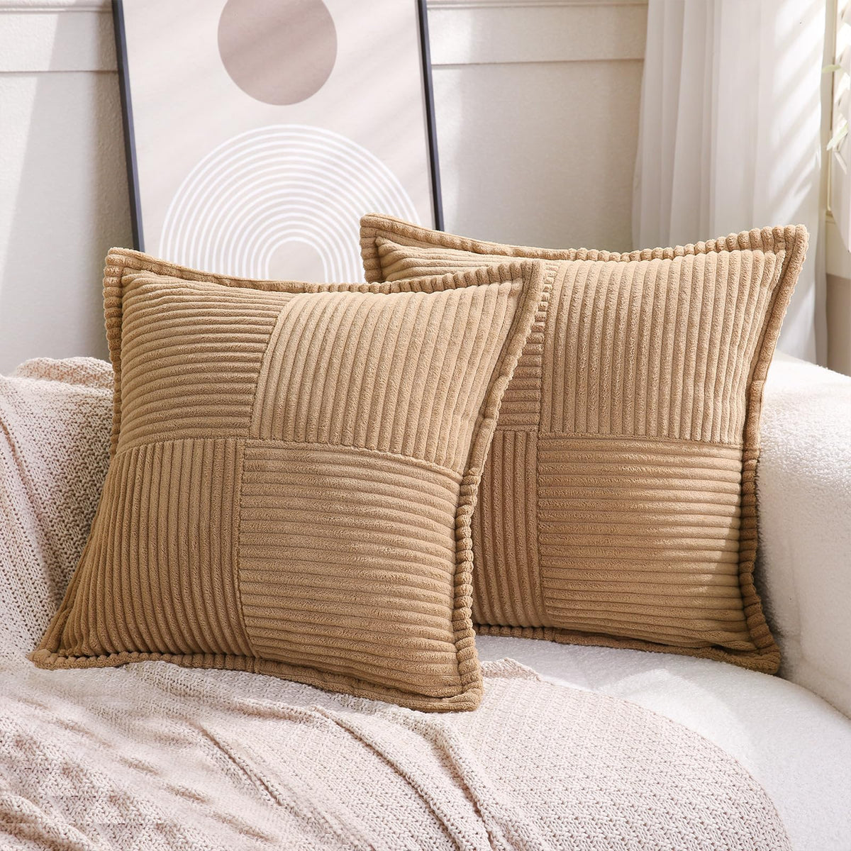 Puncuntex Corduroy Throw Pillow Covers Set Of 2 Boho Decorative Khaki 24?24 Inch,Super Soft Pillowcase Cozy Striped Texture Cush