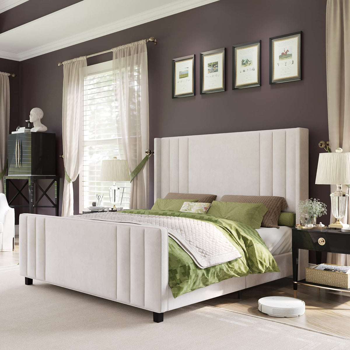 AMERLIFE Queen Size Bed Frame, Velvet Upholstered Platform Bed with Vertical Channel Tufted Headboard & Footboard/Wingback, Matt
