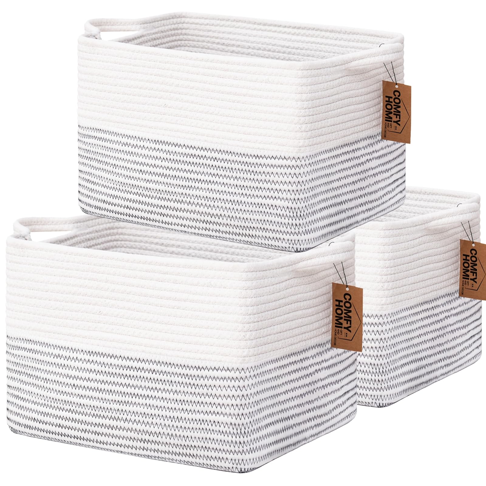 COMFY-HOMI 3PACK Cotton Rope Square Basket with Handles for Shelves|Dog Toy Basket Bin and Storage|Baby Basket for Gift|Shoe Bas