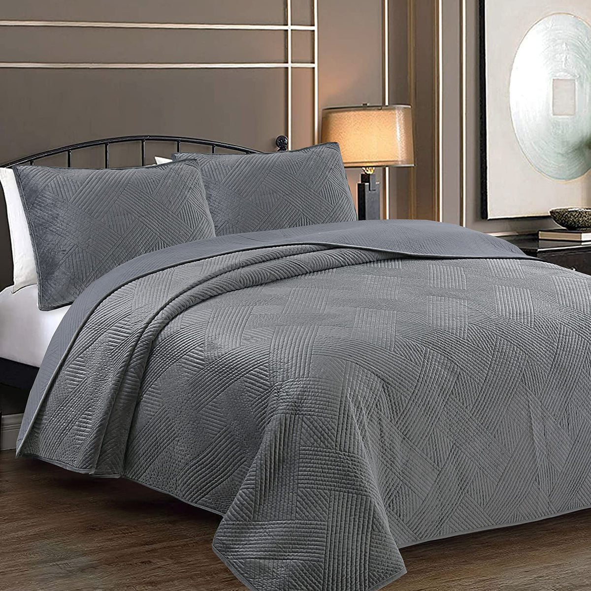 Cozy Line Home Fashions Dark Gray Velvet Basketweave Luxury Velveteen Velour Super Soft Quilt Bedding Set, Coverlet, Bedspread (