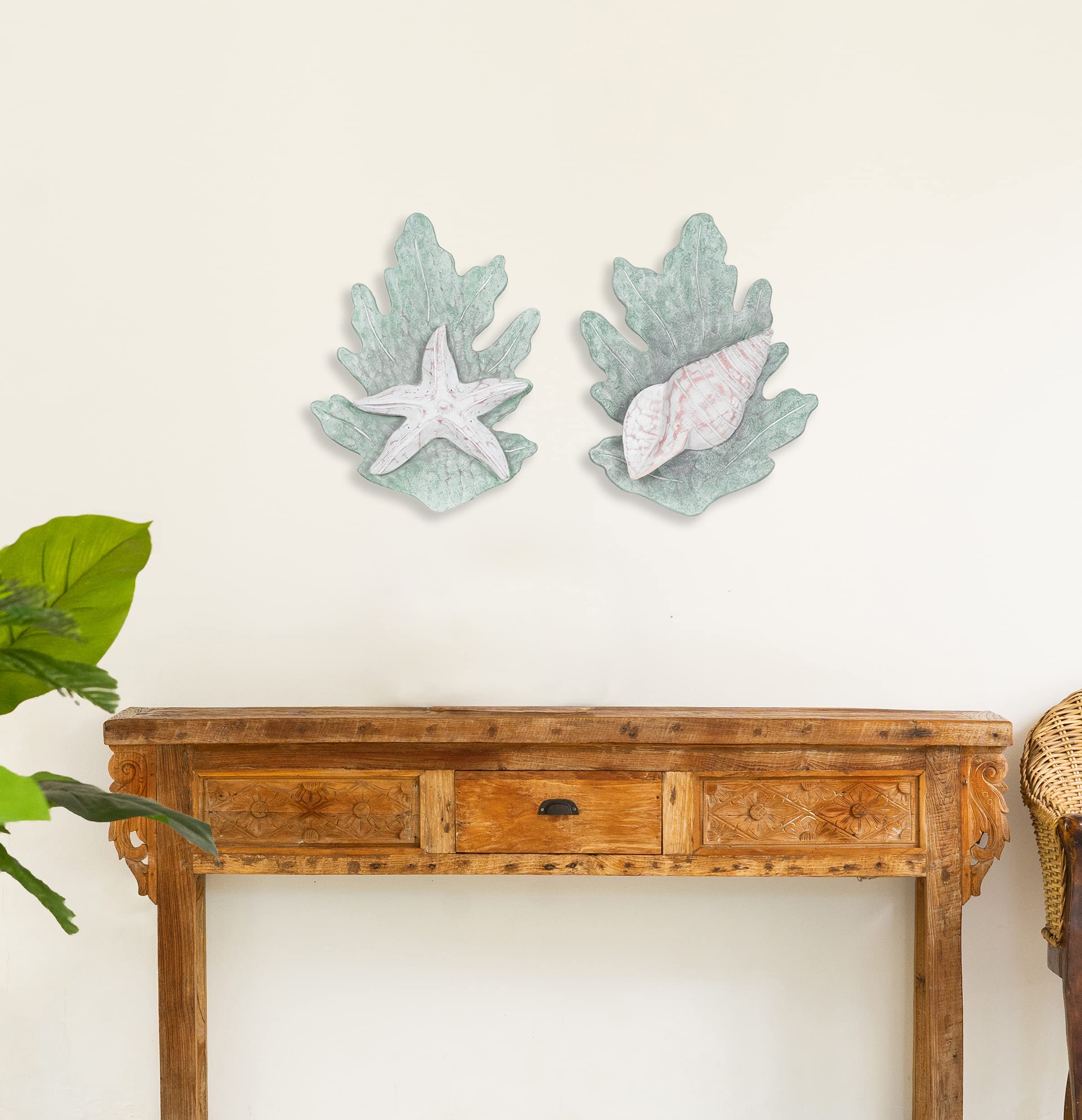T.I. Design Hand-Carved Wood Starfish And Turban Shell On Reef | Coastal Seashells Beach Wall Decor Set Of 2