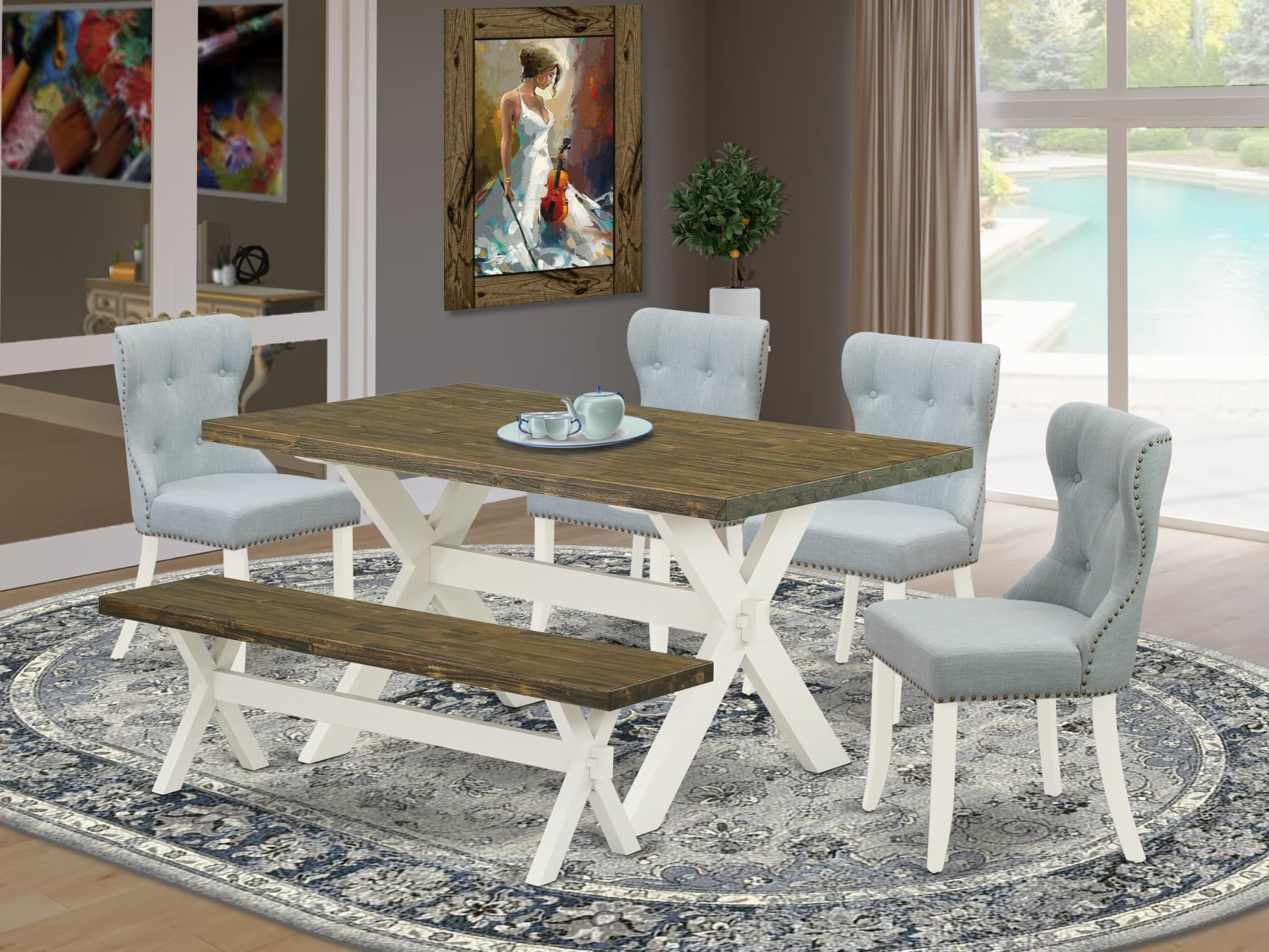 East West Furniture X076Si215-6 6 Piece Dining Table Set Contains A Rectangle Dining Room Table And 4 Baby Blue Linen Fabric Parson Chairs With A Bench, 36X60 Inch, Multi-Color