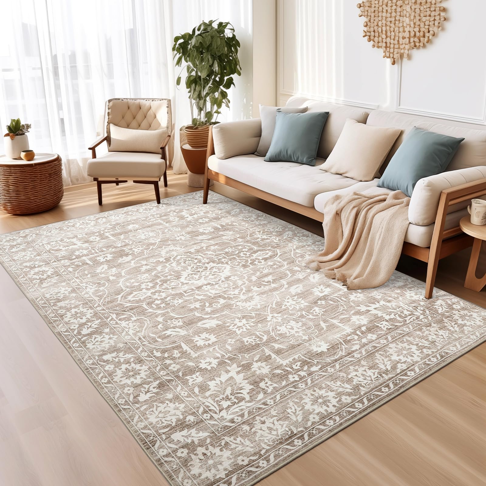 Soalmost 6x9 Area Rugs for Living Room, Stain Resistant Washable Rugs for Dining Room, Kitchen, Floral Vintage Non-Slip Thin Are
