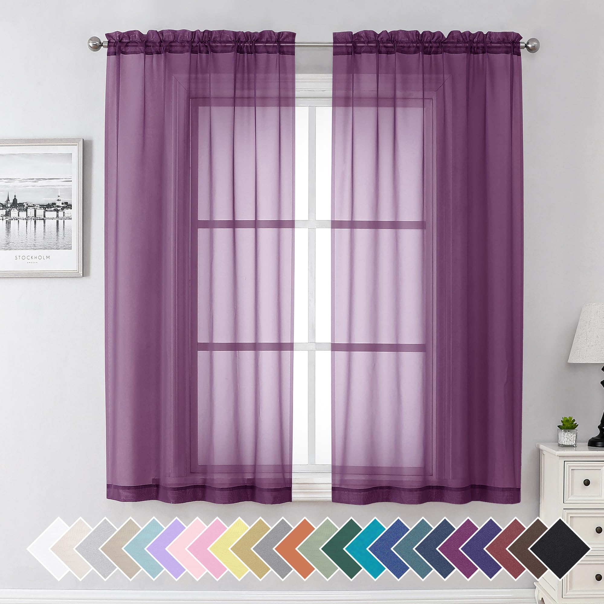 Aiyufeng Plum Purple Sheer Curtains 63 Inches Long 2 Panels Set, Solid Voile Top Dual Rod Pockets Stylish Breathable Drapes Wind