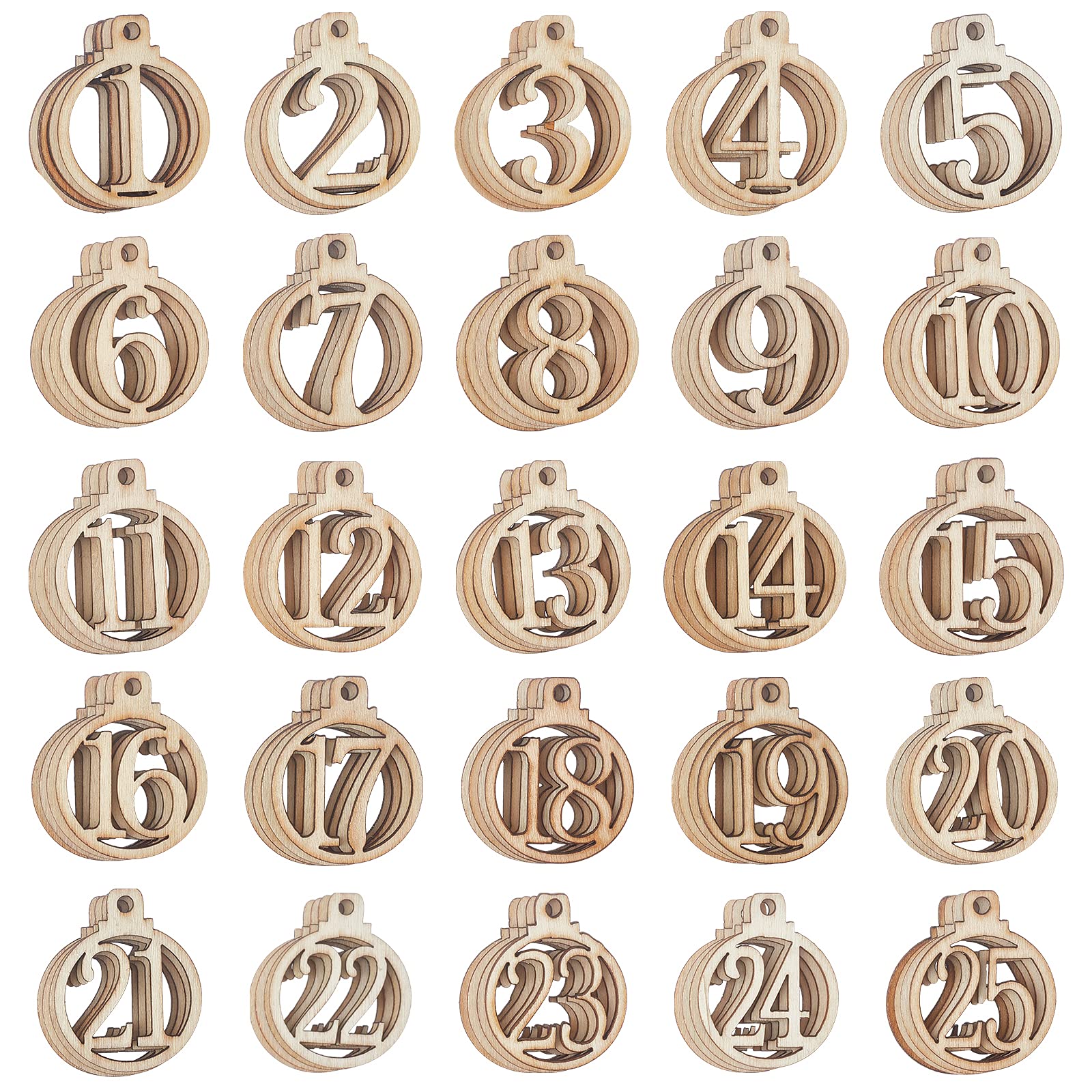 NBEADS 100 Pcs Number Wooden Calendar for Christmas, 1-25 Christmas Countdown Advent Calendar, Wooden Number Pendants for Christ