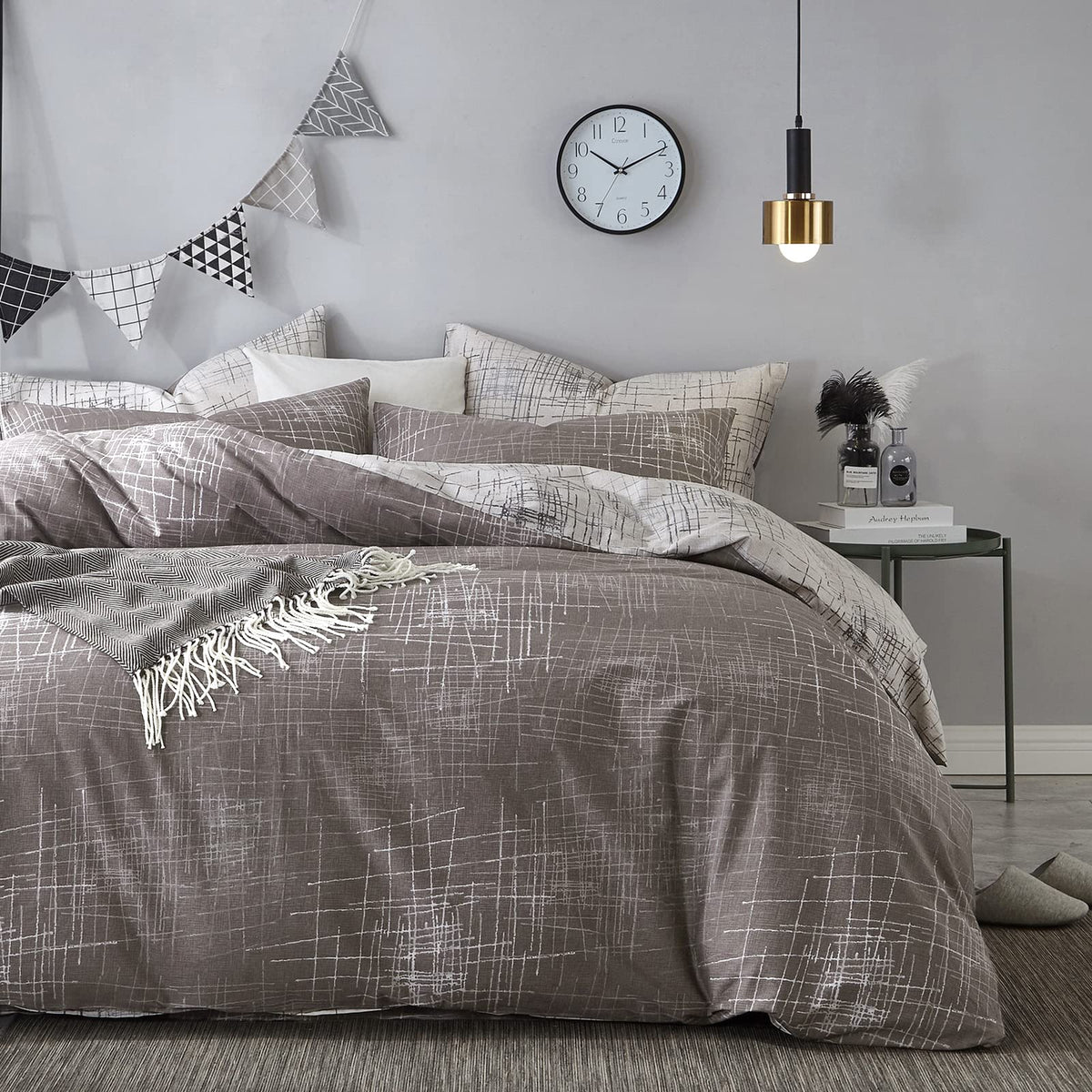 Vm Vougemarket King Duvet Cover Gray Brown,Reversible Abstract Duvet Cover Set With Zipper,100% Cotton-Hotel Quality Modern Men/