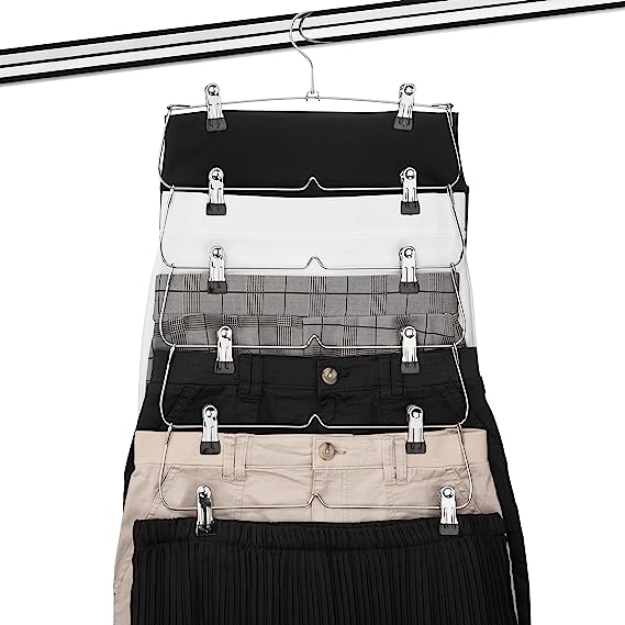 6-Tier Foldable Pants & Skirt Hanger with Adjustable Clips, 6-Pair Chrome Steel