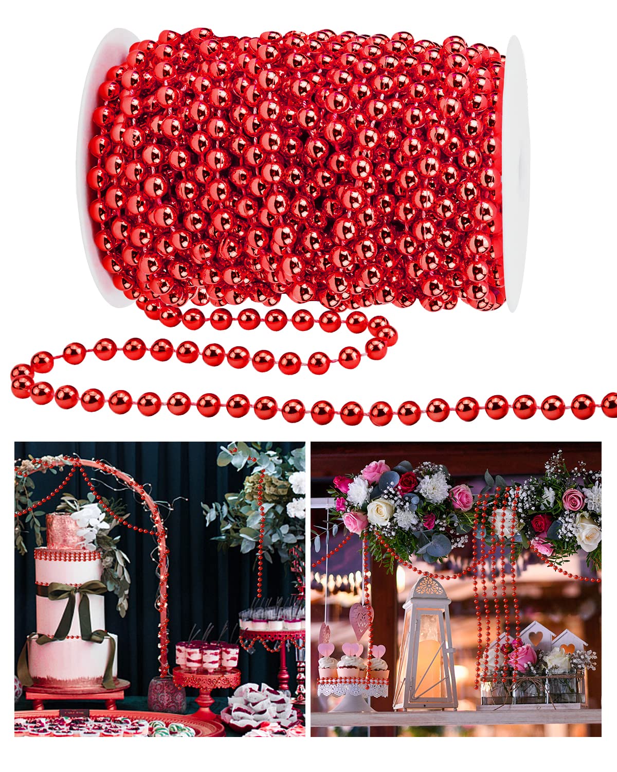 ABONDEVER 60.5FT Christmas Tree Beads Garland Decor Artificial Plastic Pearls Beads Roll for Xmas Tree Party Wedding Decoration 