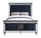 Acme Varian II Queen Bed in Dark Navy Velvet and Black and Silver