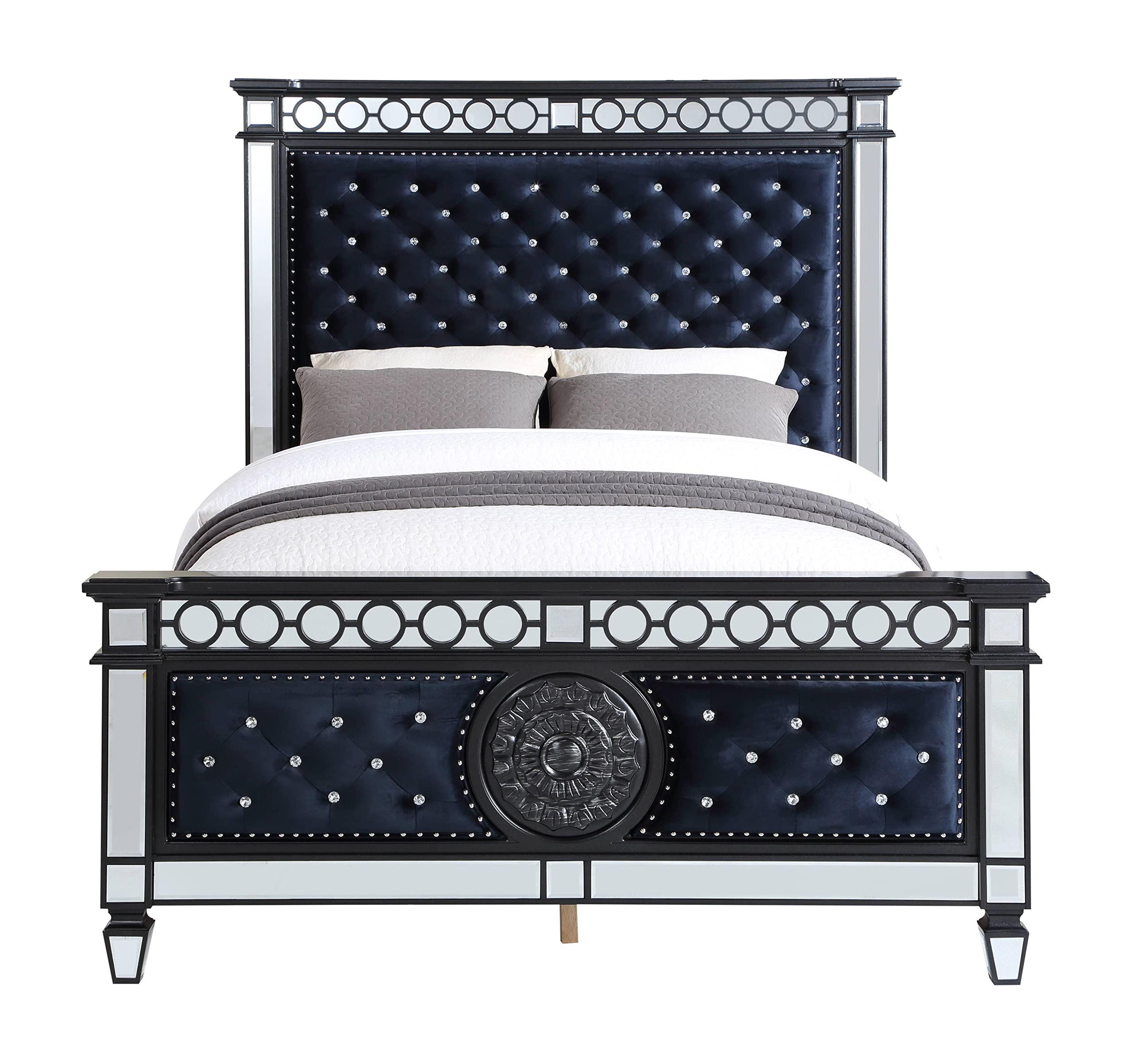 Acme Varian II Queen Bed in Dark Navy Velvet and Black and Silver