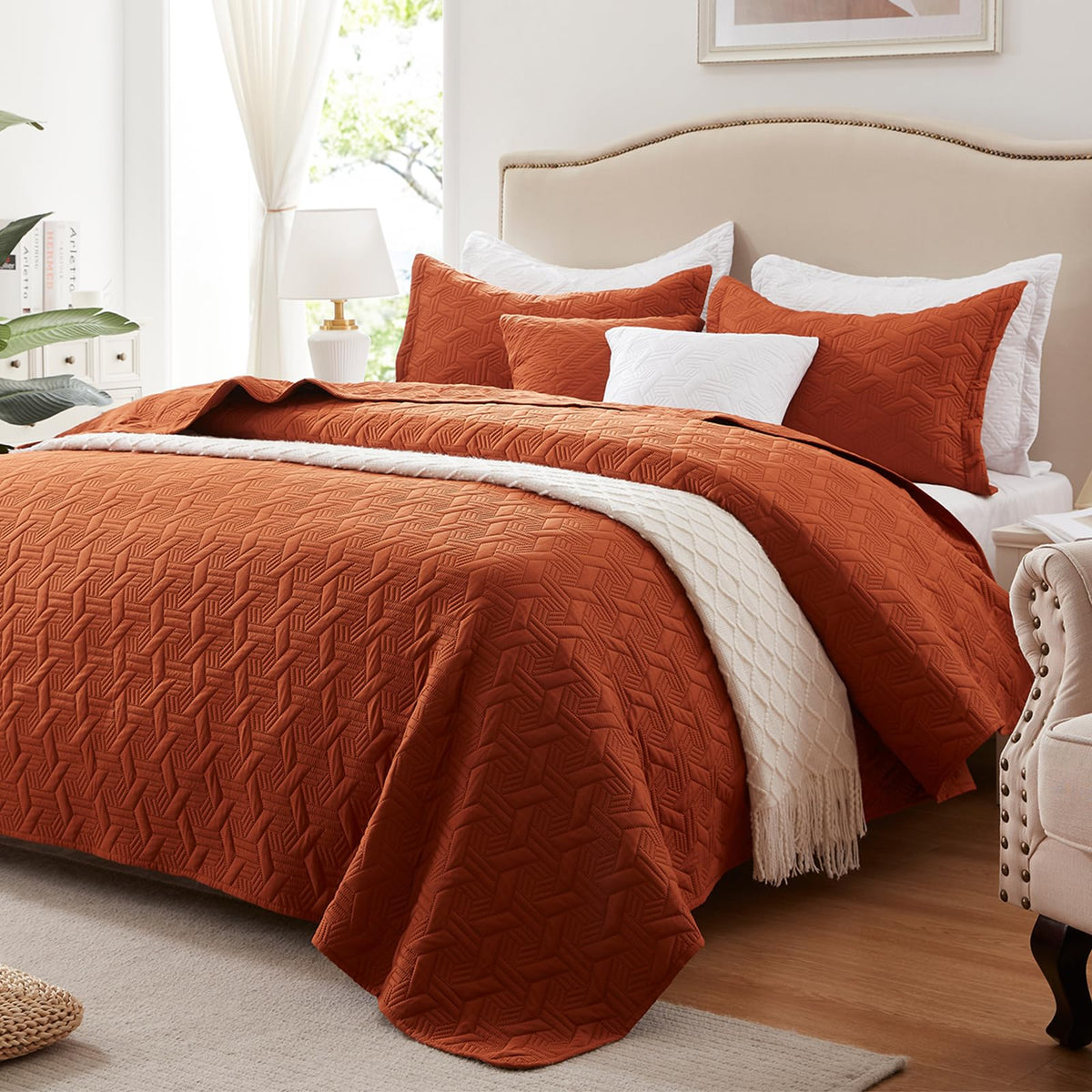 California King Size Quilt Set 3 Pieces,Lightweight Burnt Orange/Rust Bedspread-118''X106'',Soft Microfiber Summer Quilt,Luxurio