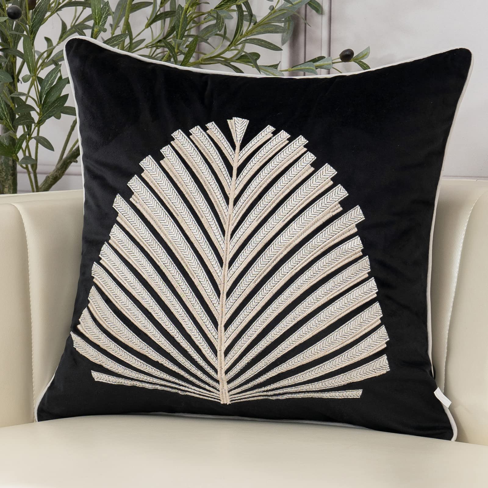 Aeckself Black White Leaves Velvet Throw Pillow Cover 20 X 20 Inch, Embroidery Square Cushion Case With Stitched Edge Luxury Mod