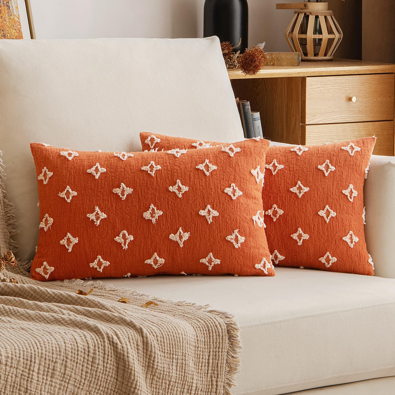 Emema Fall Burnt Orange Decorative Throw Pillow Covers Rhombic Jacquard Pillowcase Cushion Case Square For Couch Sofa Bed Living Room Bedroom Set Of 2, 20X20 Inch