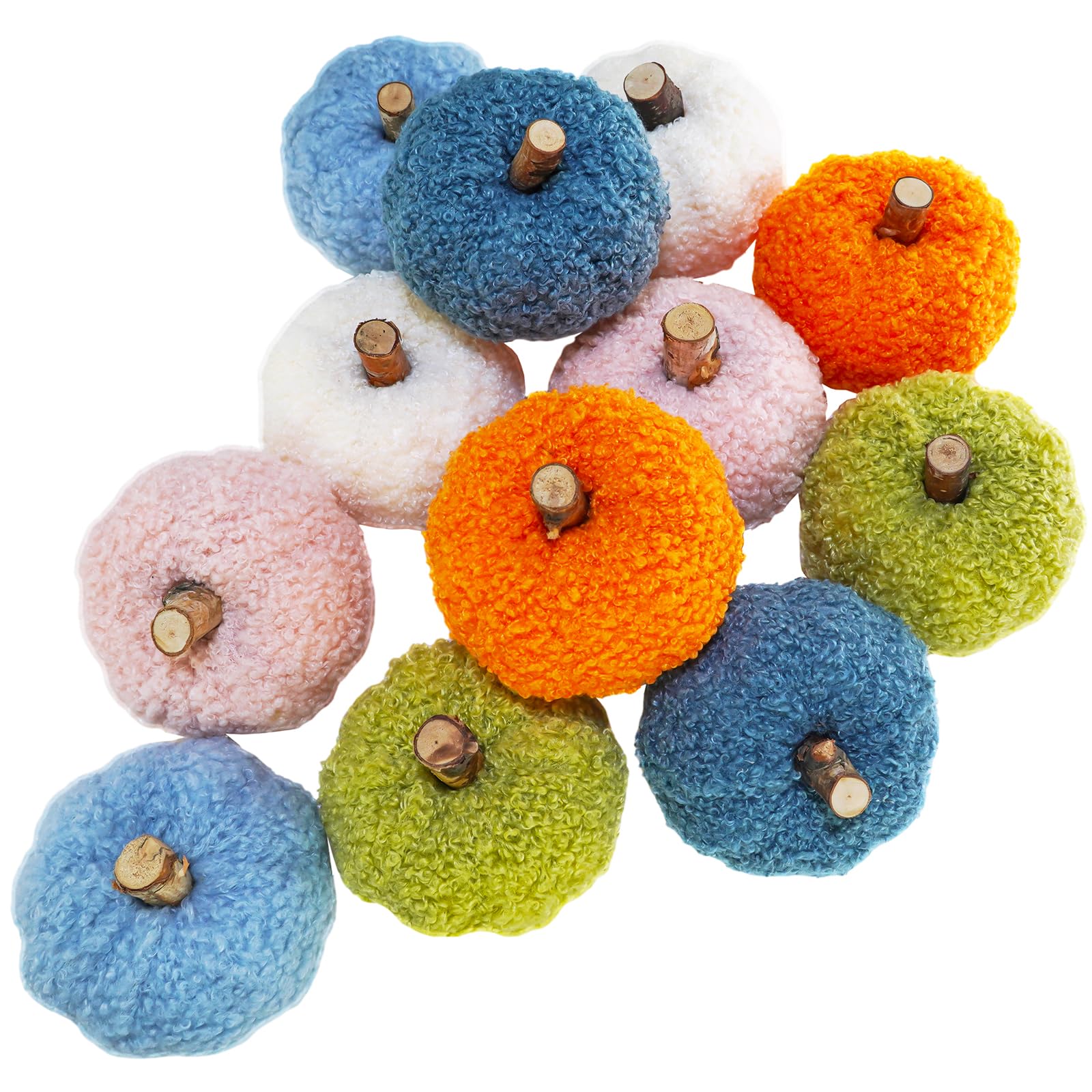 Winlyn 12 Pcs Small Assorted Faux Sherpa Pumpkins Decorative Orange Green Blue Pink White Fabric Pumpkins Foam Pumpkins for Farm