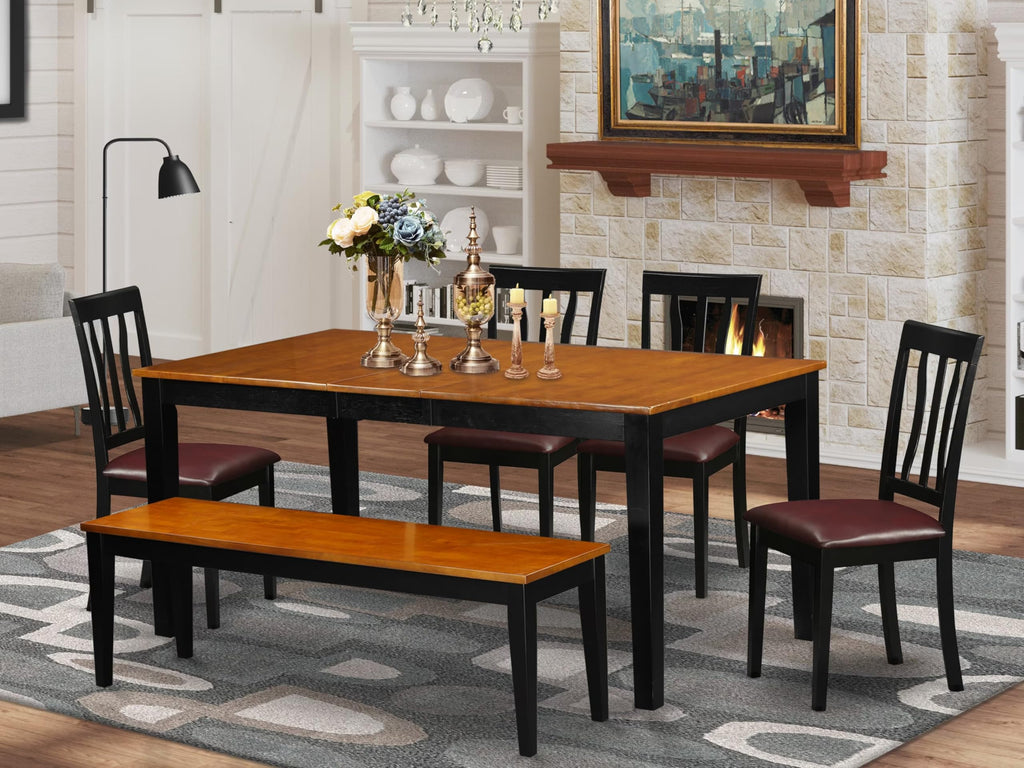 East West Furniture NIAN6-BCH-LC 6 Piece Dining Table Set Contains a Rectangle Dining Room Table with Butterfly Leaf and 4 Faux Leather Upholstered Chairs with a Bench, 36x66 Inch, Black & Cherry