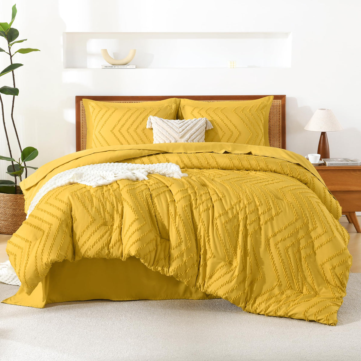 Litanika King Size Comforter Set With Sheets Mustard Yellow - 7 Pieces Bed In A Bag King Chevron Tufted Complete Beddding Sets W