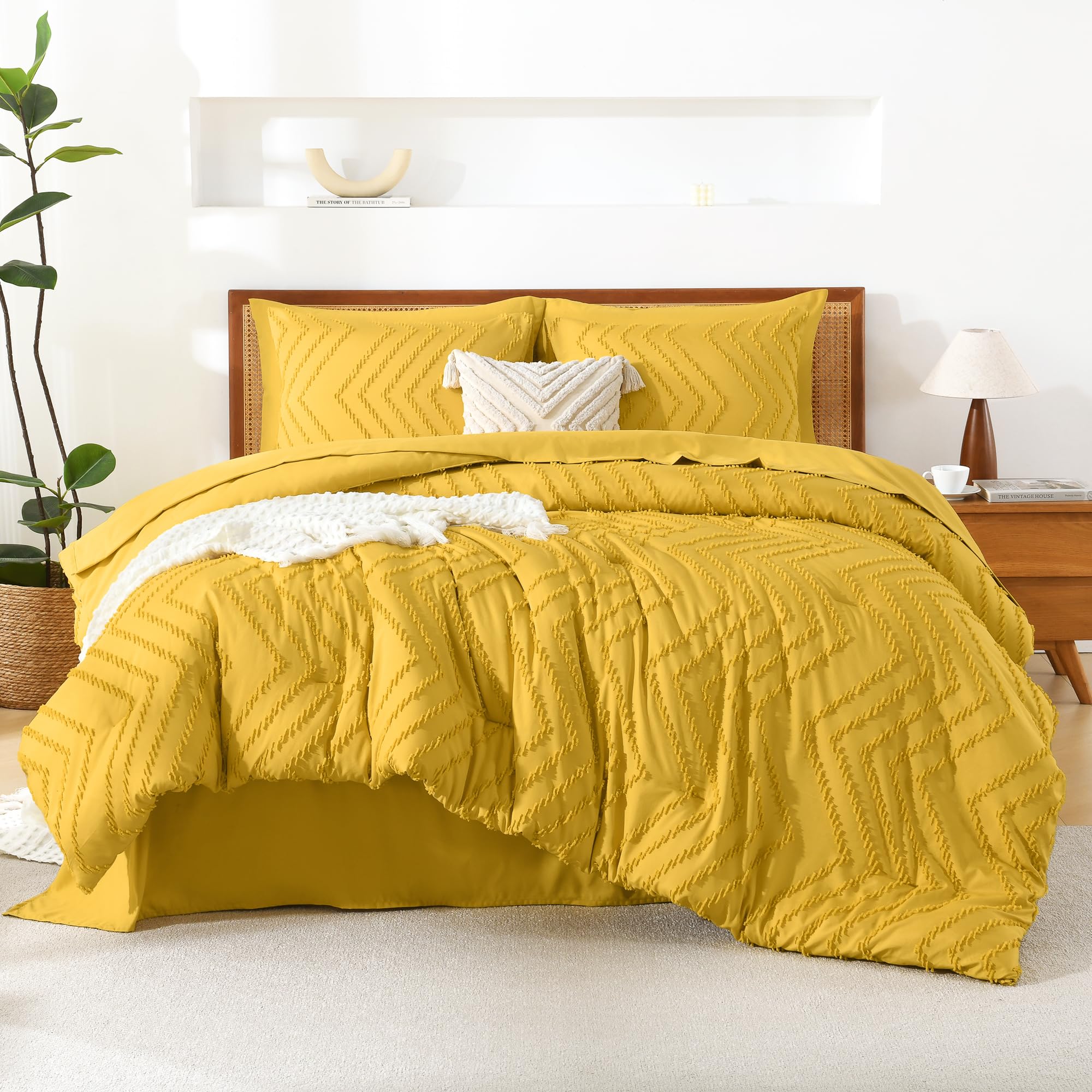 Litanika King Size Comforter Set With Sheets Mustard Yellow - 7 Pieces Bed In A Bag King Chevron Tufted Complete Beddding Sets W