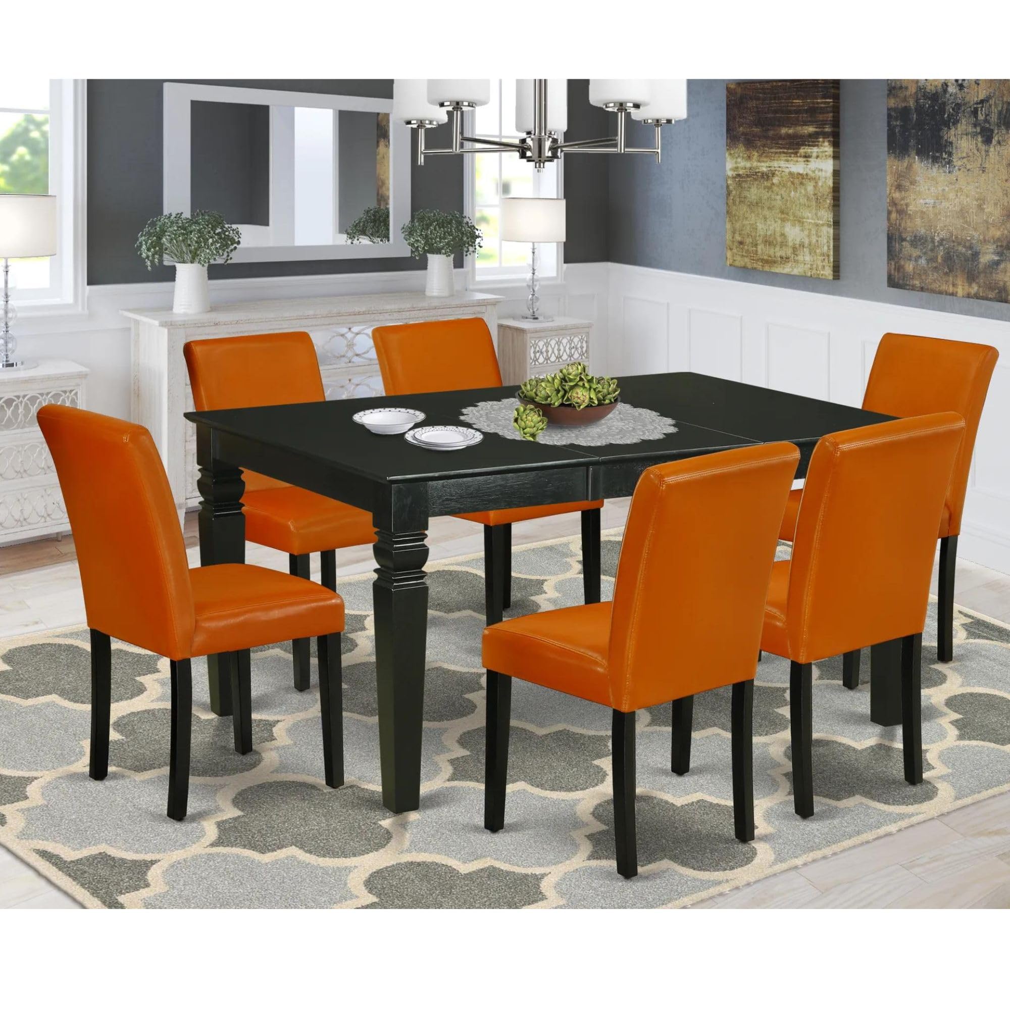 East West Furniture WEAB7-BLK-61 7 Piece Dinette Set Consist of a Rectangle Dining Room Table with Butterfly Leaf and 6 Baked Bean Faux Leather Parsons Dining Chairs, 42x60 Inch, Black