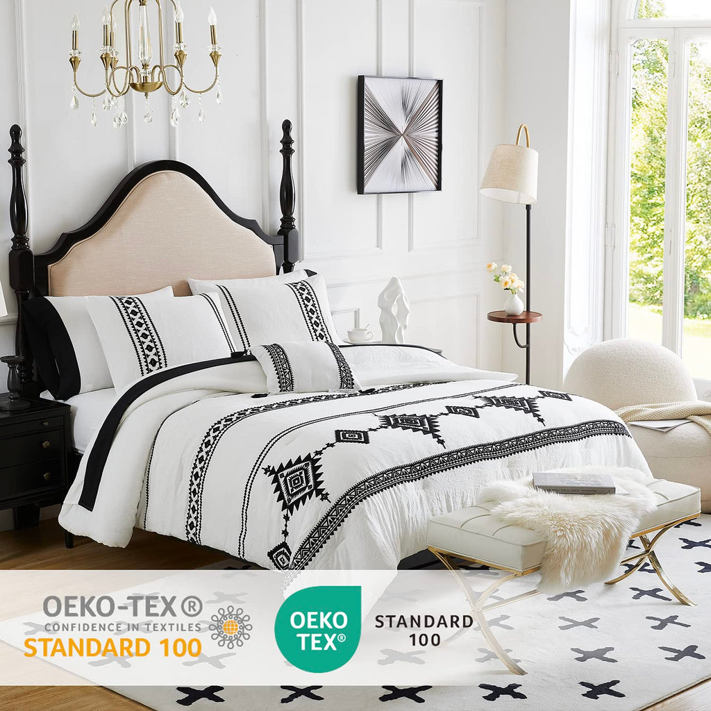Maireve White Boho Comforter Set Queen 8 Piece With Embroidery, Western Farmhouse Queen Bedding Sets With Comforters, Sheets, Be