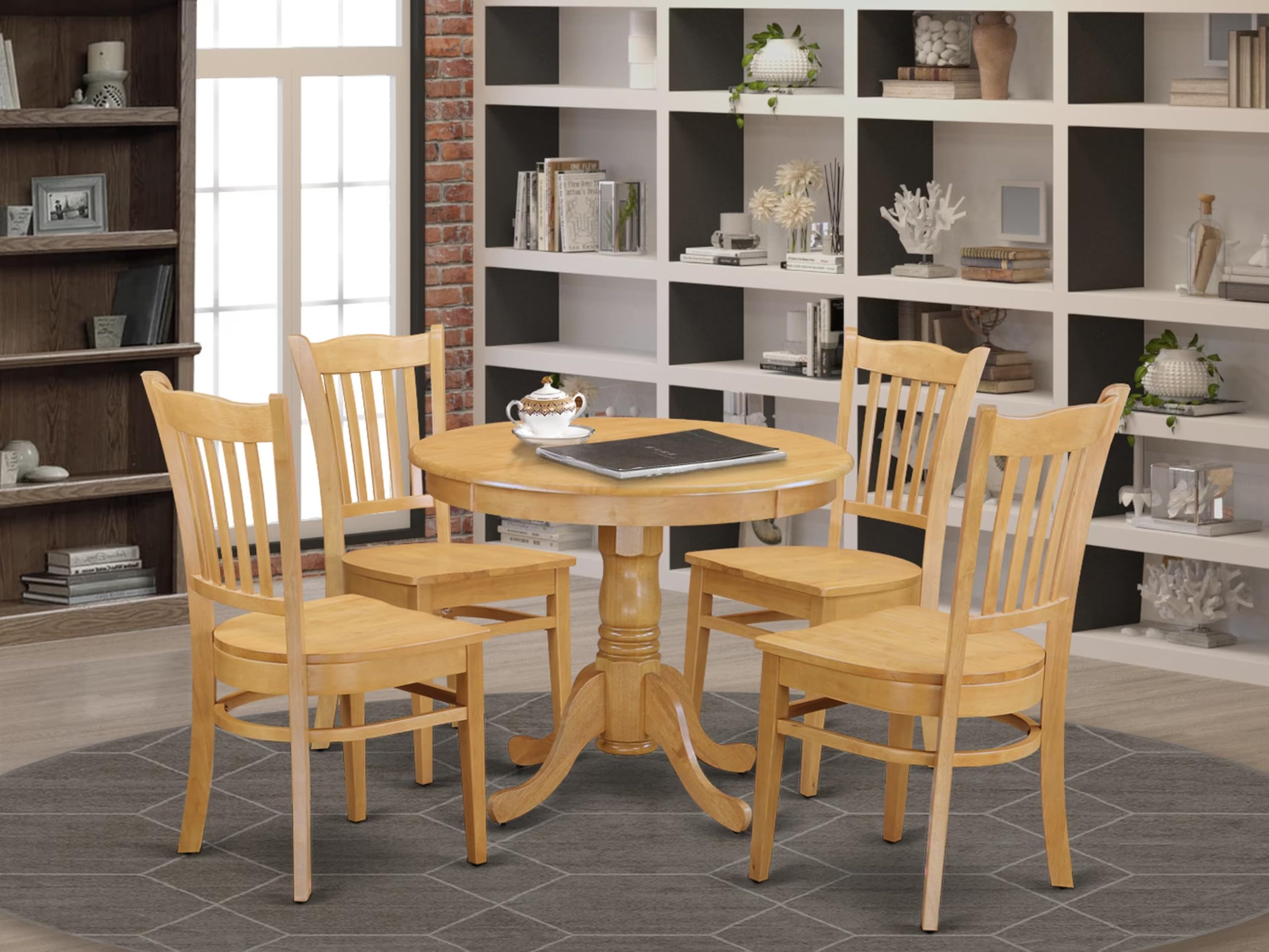 East West Furniture ANGR5-OAK-W 5 Piece Kitchen Table & Chairs Set Includes a Round Dining Room Table with Pedestal and 4 Dining Chairs, 36x36 Inch, Oak