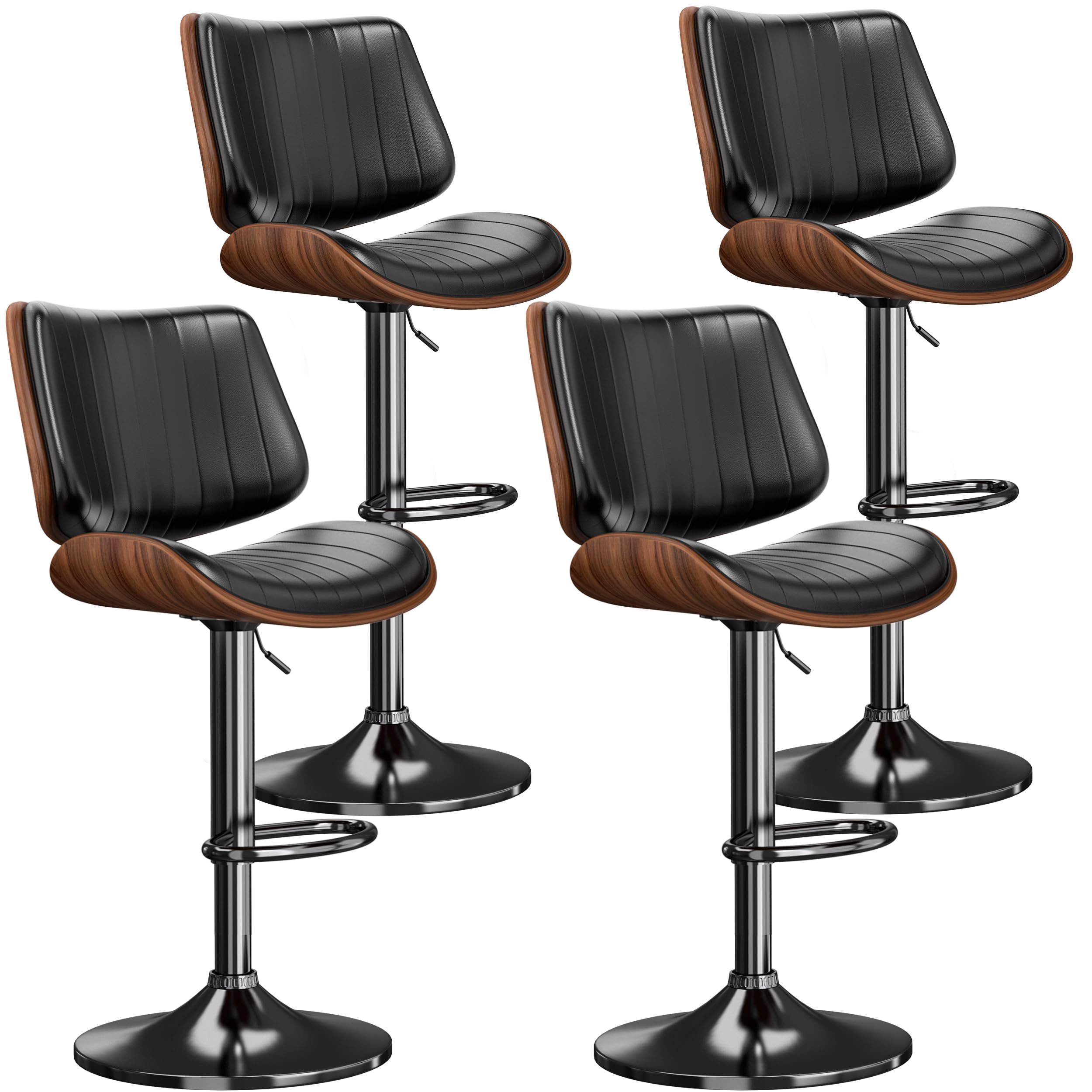 REONEY Swivel Bar Stools Set of 4, Adjustable Bentwood Barstools for Kitchen Counter, Modern PU Leather Upholstered Bar Chair wi