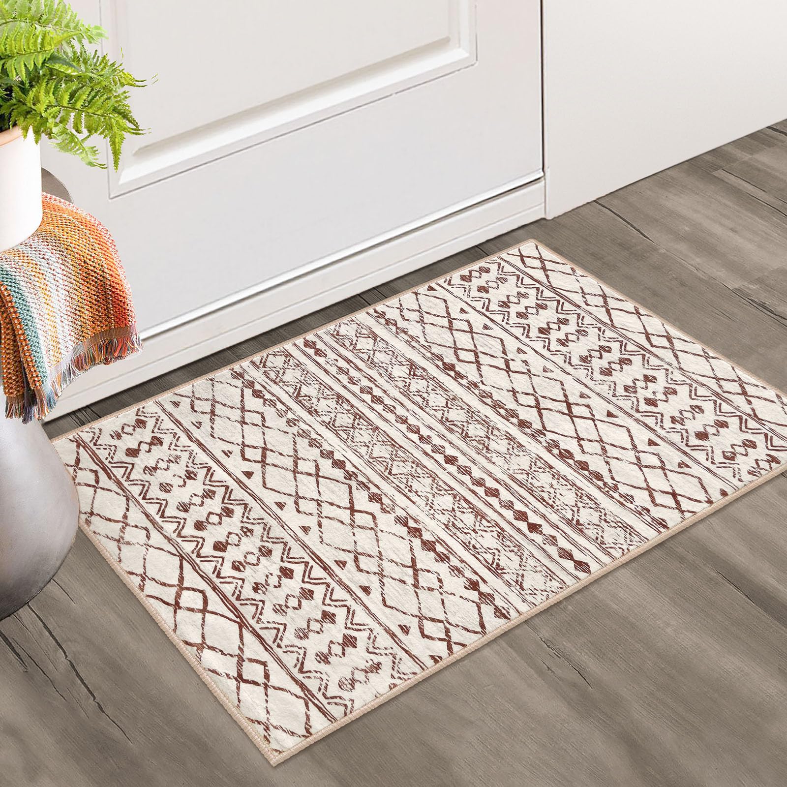 KUTA Moroccan Kitchen Rugs, 2x3 Brown Entryway Rug Non-Slip Washable Small Rug, Ultra Soft Print Vintage Geometric Low-Pile Indo