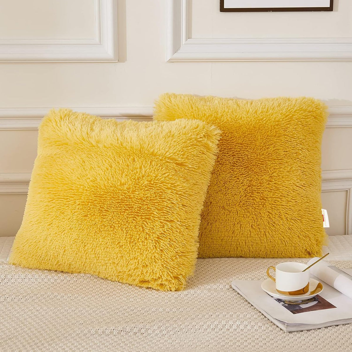 Wondershala Fur Cushion Cover Square Yellow Pillow Cover 18X18 Inch / 45X45Cm Pillowcase Pack Of 2