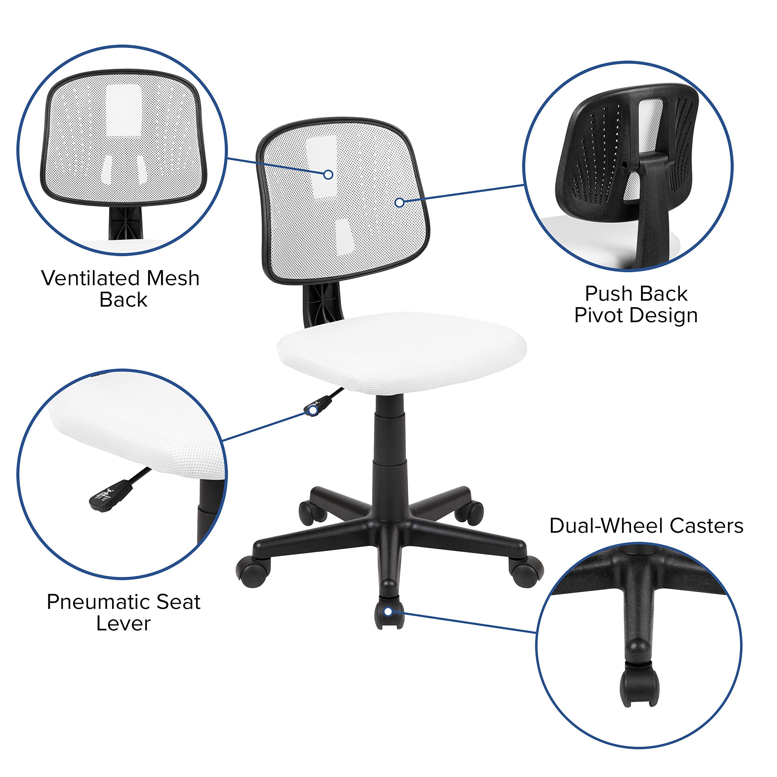 Flash Furniture Flash Fundamentals Mid-Back Swivel Task Office Chair With Pivot Back, Height-Adjustable Ergonomic Mesh Office Desk Chair, White