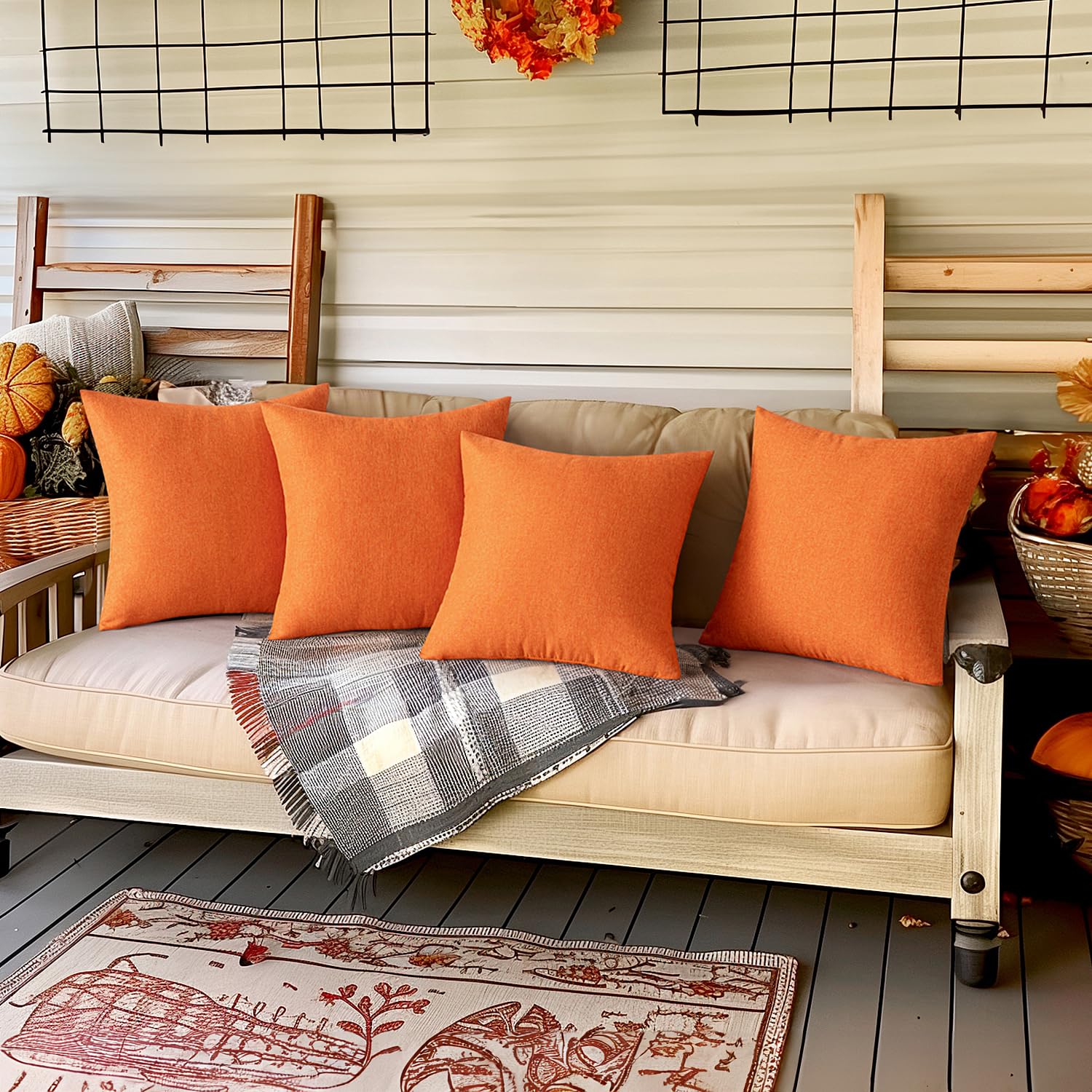 Miulee Pack Of 4 Decorative Outdoor Throw Pillow Covers Linen Waterproof Pillow Covers Farmhouse Cushion Cases For Patio Garden Tent Balcony Couch Sofa 18X18 Inch Bright Orange