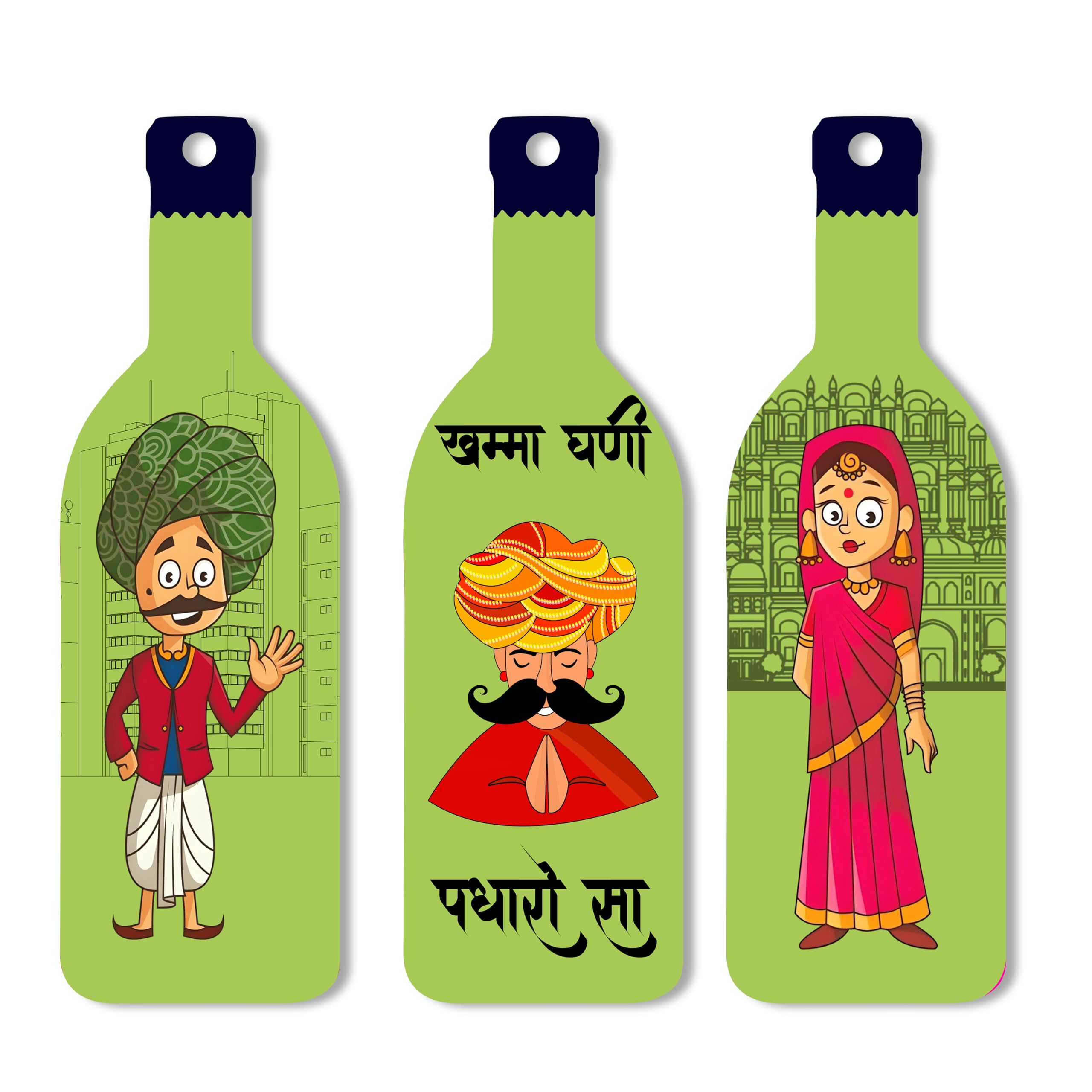 Regalo Casila Rajasthan Wall Decor  3Piece BottleShaped SelfAdhesive Panels With Rajasthani Cartoon Characters & Padharo Sa 