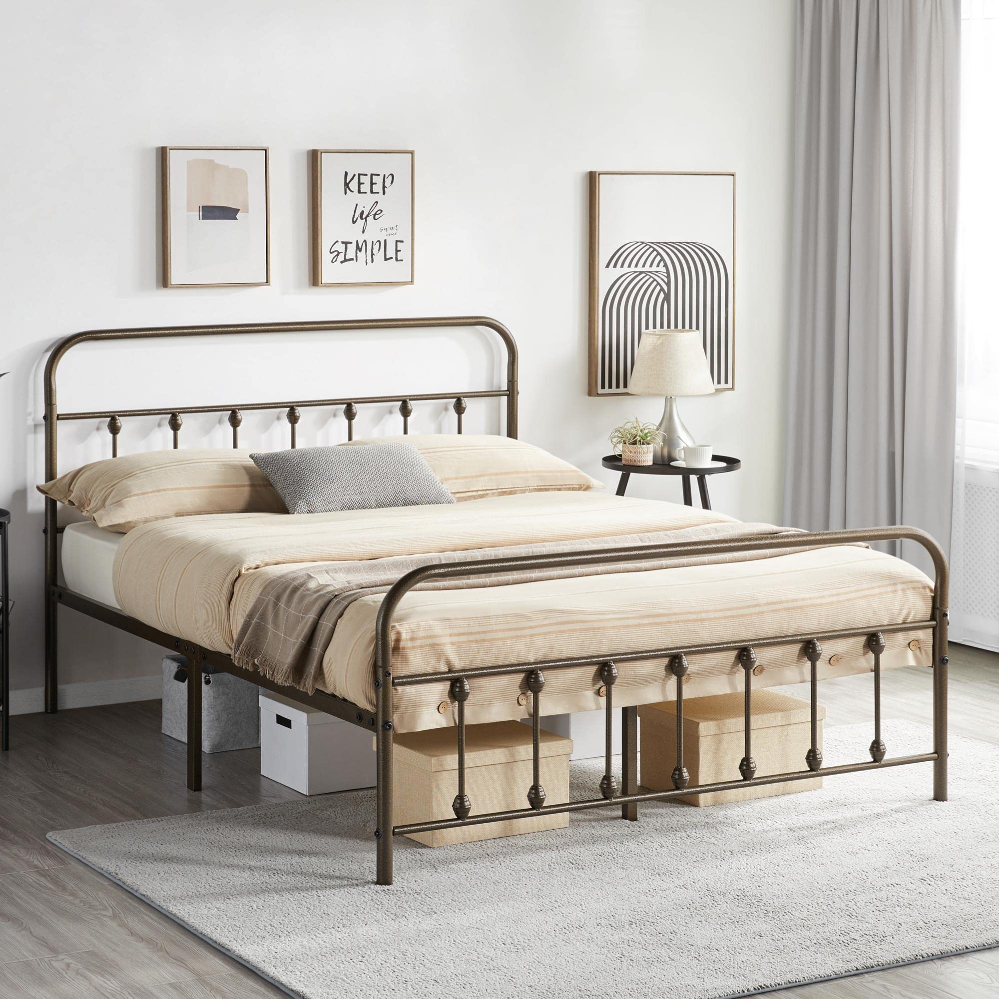 Yaheetech Classic Metal Platform Bed Frame Mattress Foundation With Victorian Style Iron-Art Headboard/Footboard/Under Bed Storage/No Box Spring Needed/Queen Size Bronze