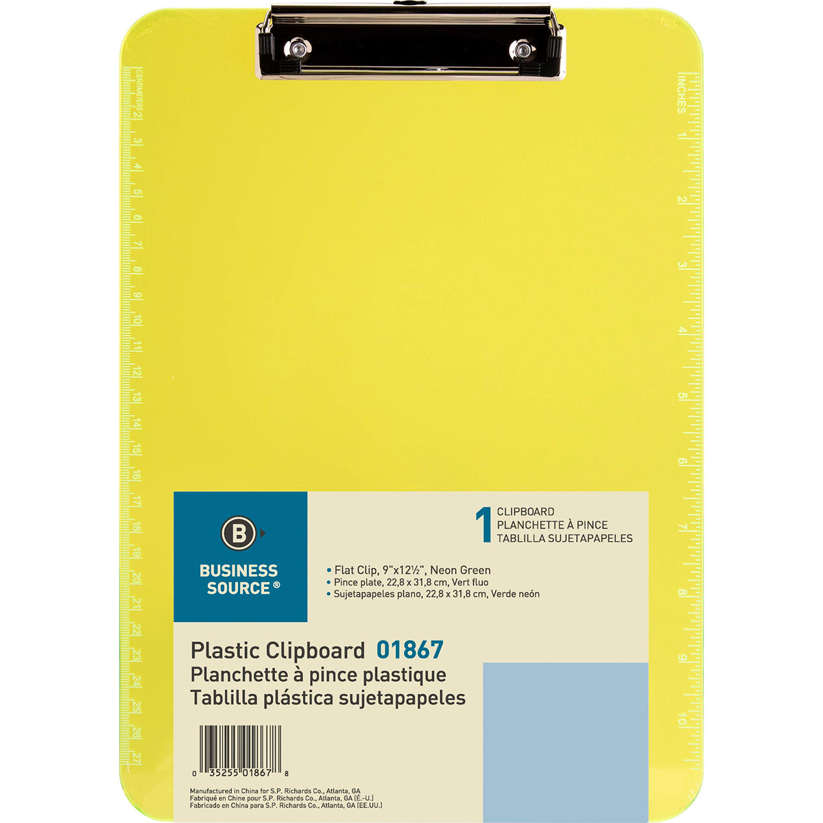 Business Source Flat Clip Neon Green Plastic Clipboard