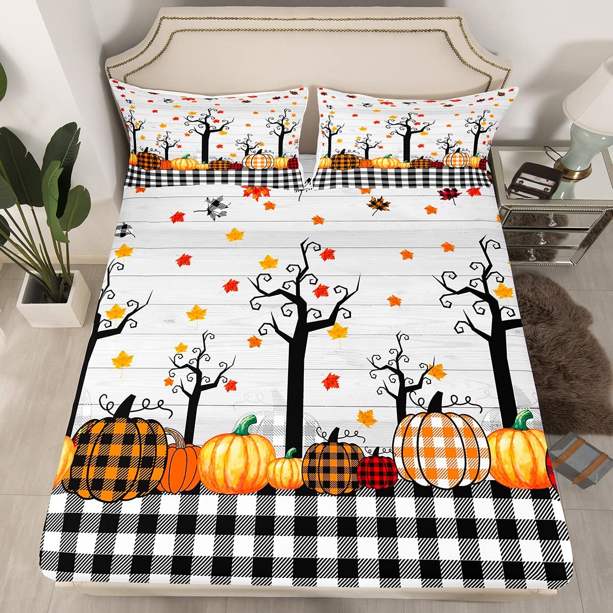 Erosebridal Fall Pumpkin Harvest Bed Sheets Queen Size Black White Plaid Sheet Set For Kids Boys Halloween Maple Leaves Autumn F