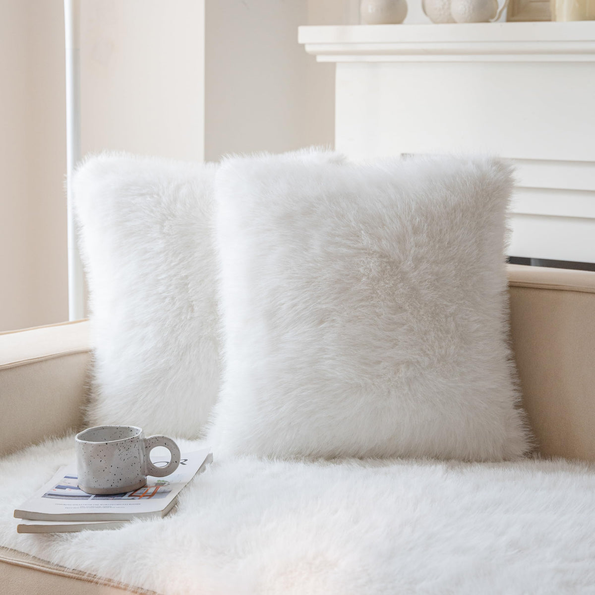 Neelvin Cream White Faux Fur Cozy Fluffy Double-Sided Decorative Throw Pillow Covers 18X18 Inch Set Of 2,Velvet Pillowcase Cushi