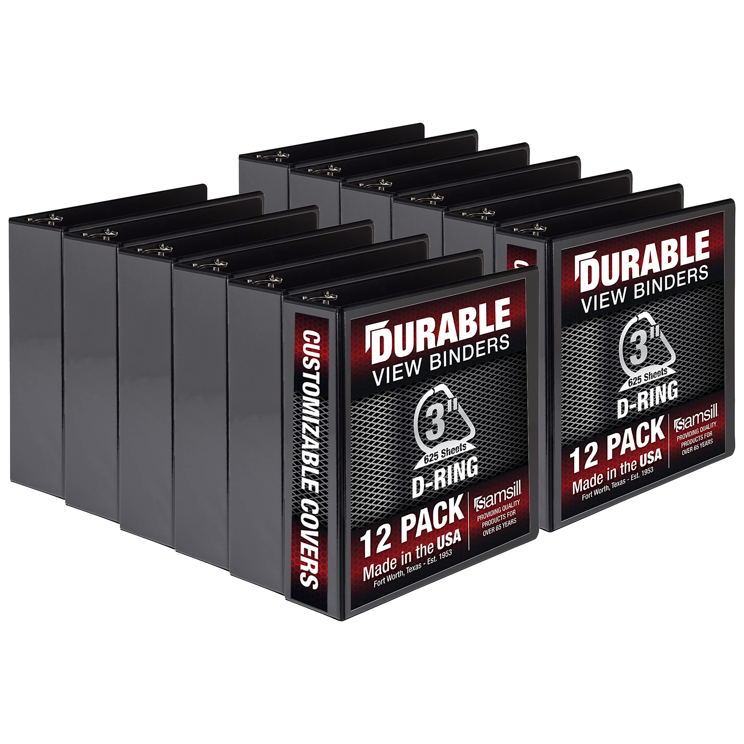 Samsill Durable 3 Inch . , Made In The Usa, D Ring . , Customizable Clear View . , Black, 12 Pack, Each Holds 625 Pages