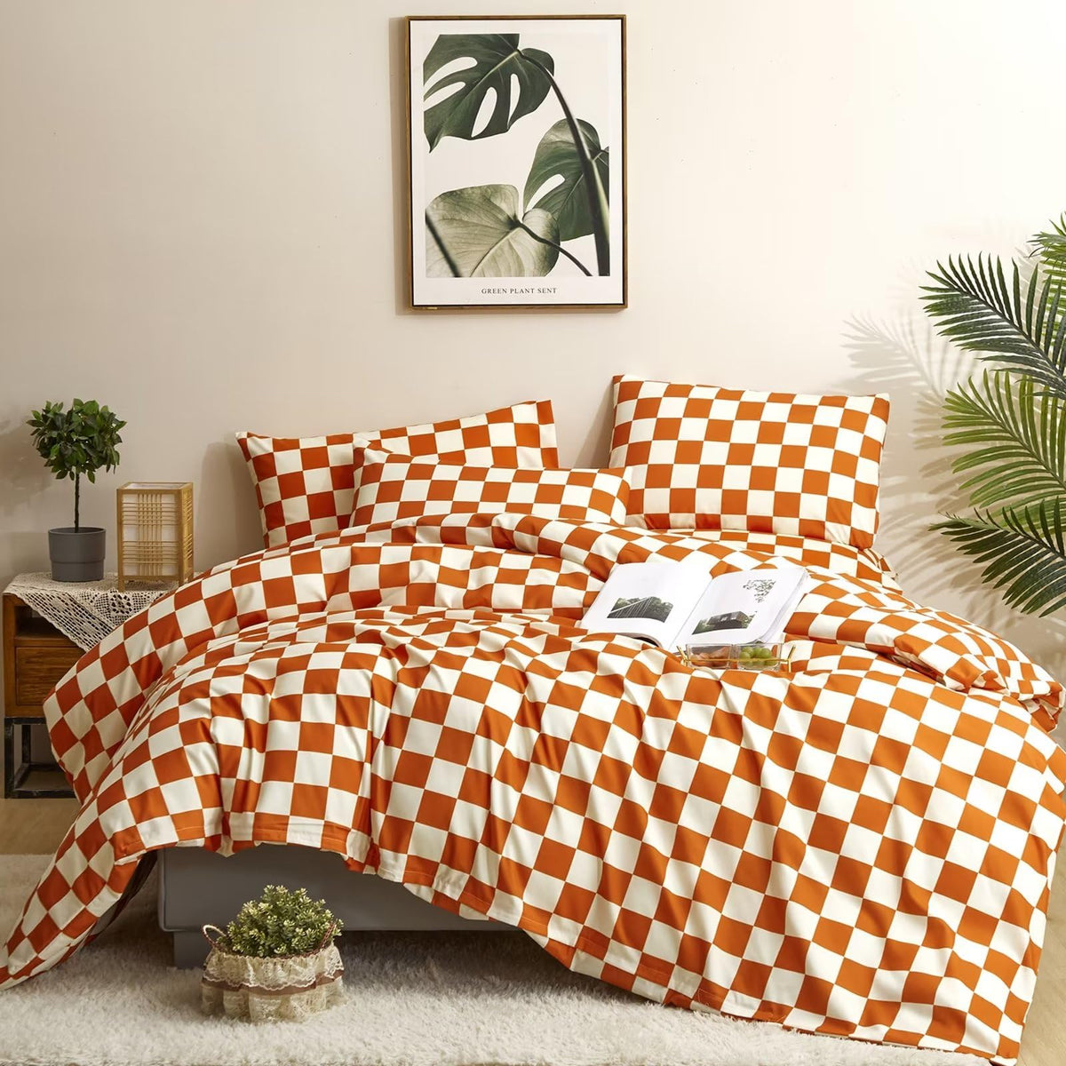 Houseri Burnt Orange Grid Comforter Set King White And Caramel Plaid Bedding Comforter Sets For Women Men Rust Orange Buffalo Ch