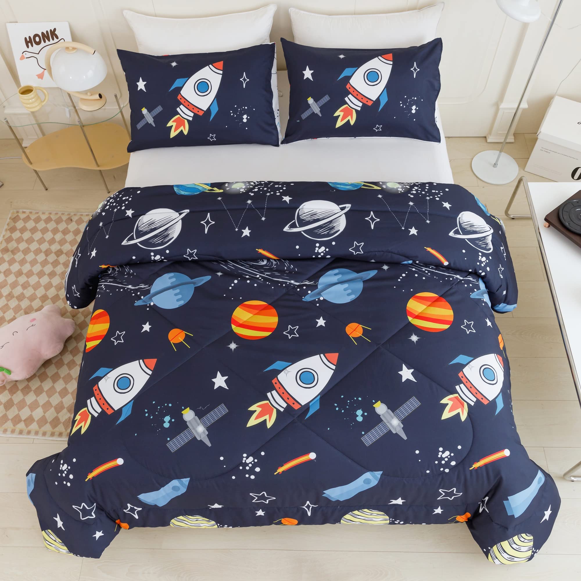 Rynghipy Kids Comforter Set Full Size, Cute Space Rocket Bedding Set For Boys Girls, Space Themed Teen Boy Bedding (Space Rocket