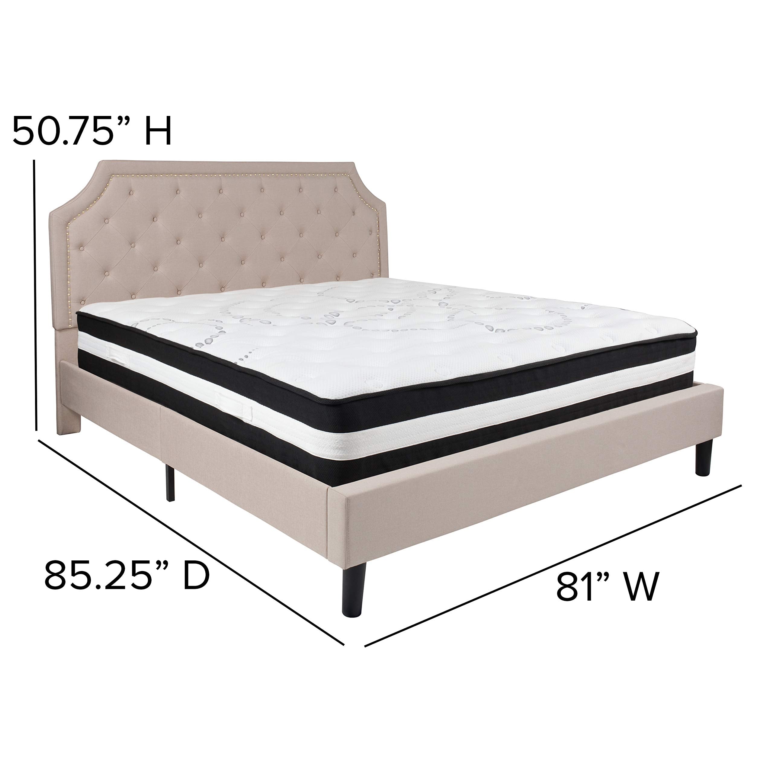 Flash Furniture Brighton King Size Tufted Upholstered Platform Bed In Beige Fabric With Pocket Spring Mattress