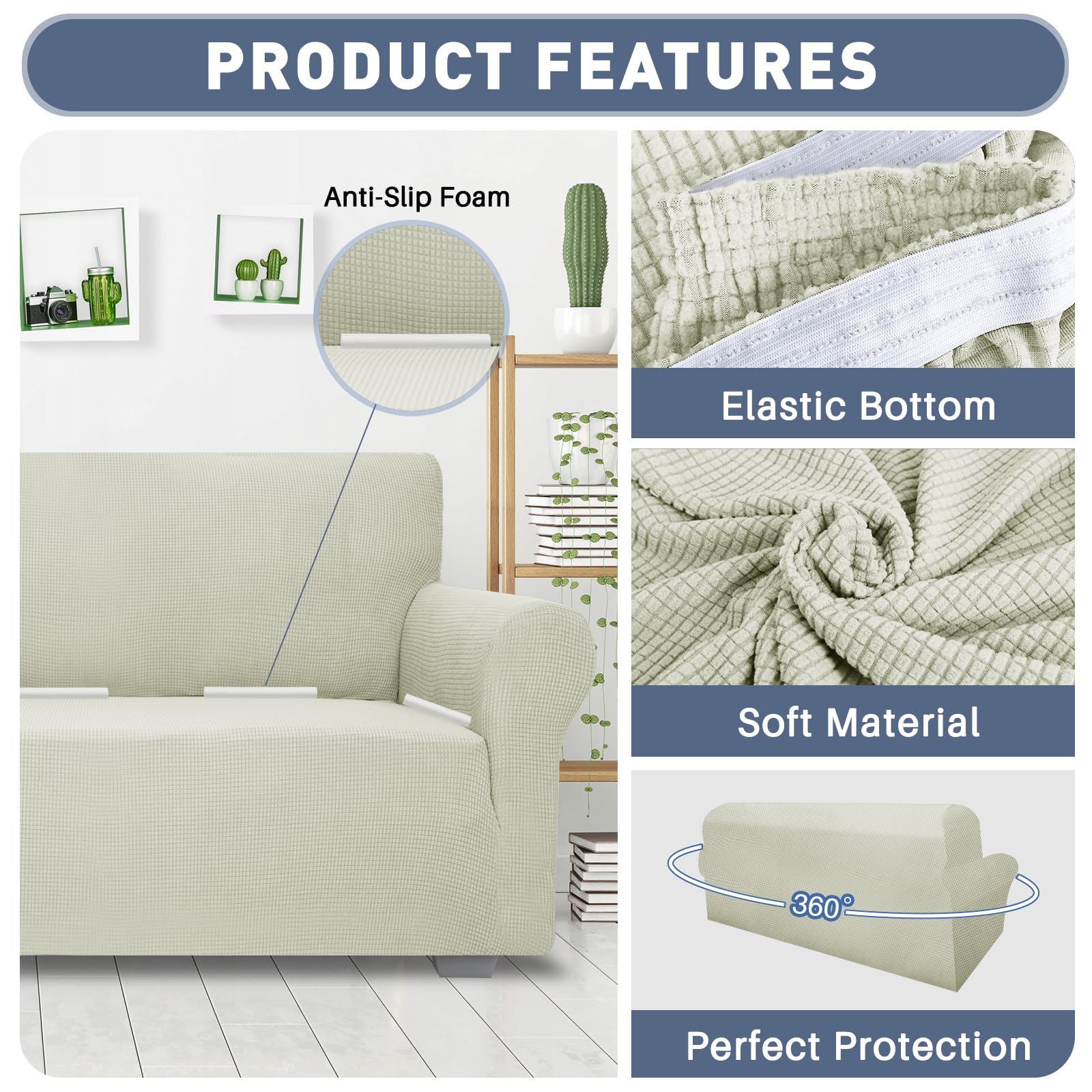 Jiviner High Stretch Loveseat Sofa Slipcovers 1-Piece Jacquard Couch Covers For 2 Cushion Couch Furniture Protector Washable Sofa Covers For Kids Pets Small Checks (Loveseat, Natural)