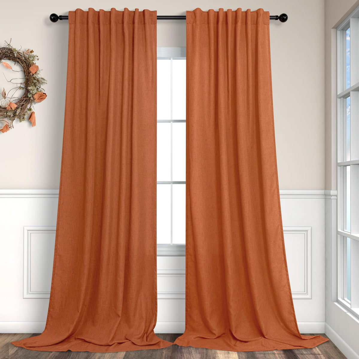 Pitalk Burnt Orange Linen Curtains 102 Inches Long For Living Room 2 Panels Set Back Tab Pocket Fall Drapes Semi Sheer Light Fil