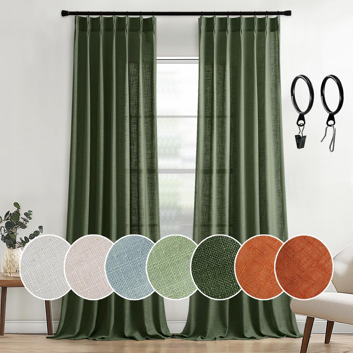 Miulee Pinch Pleated Olive Green Linen Curtains 108 Inches Long 2 Panels For Bedroom Living Room, Soft Thick Linen Textured Wind