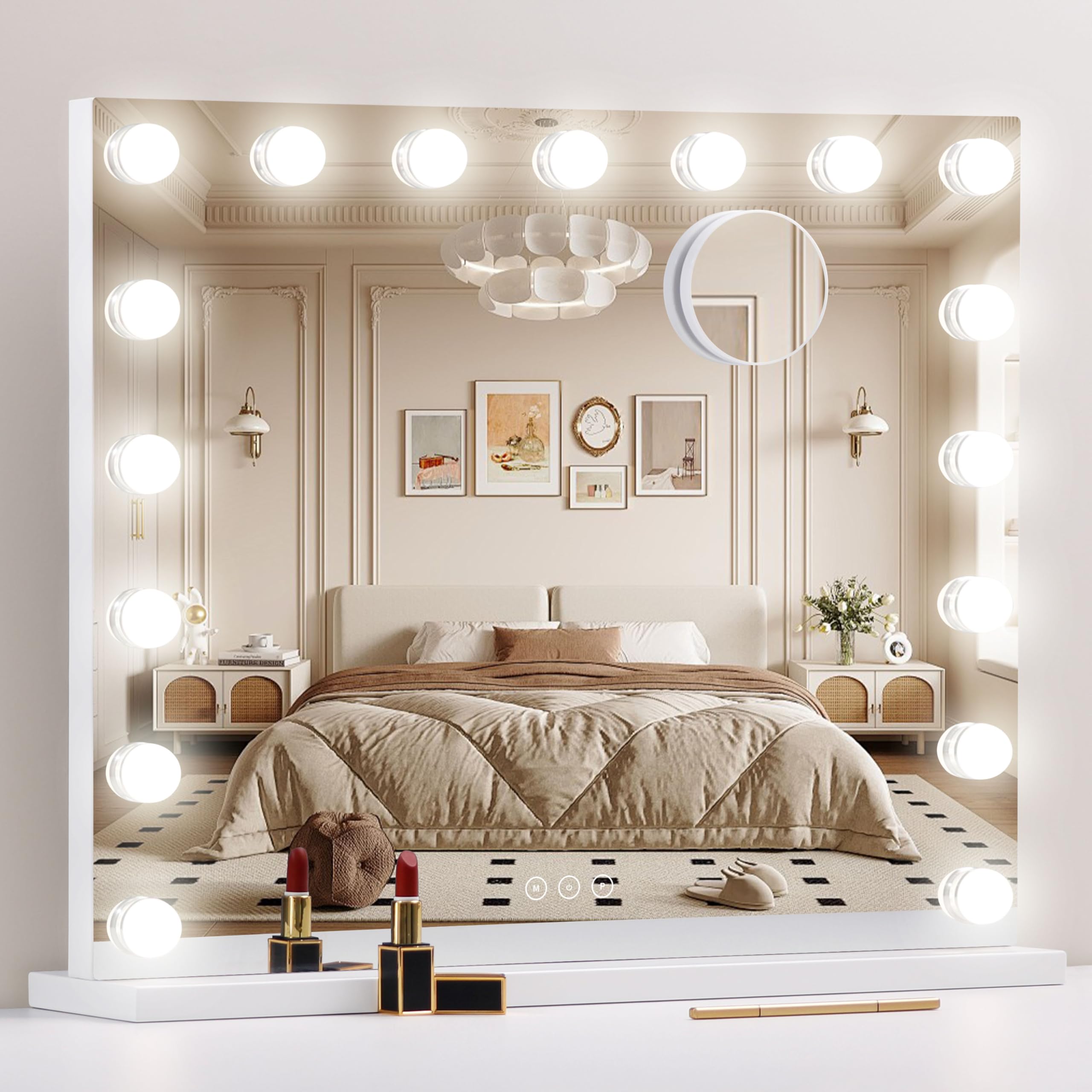 Nusvan Vanity Mirror With Lights,Makeup Mirror With Lights With 17 Dimmable Led Bulbs, 3 Color Lighting Modes Detachable 10X Mag