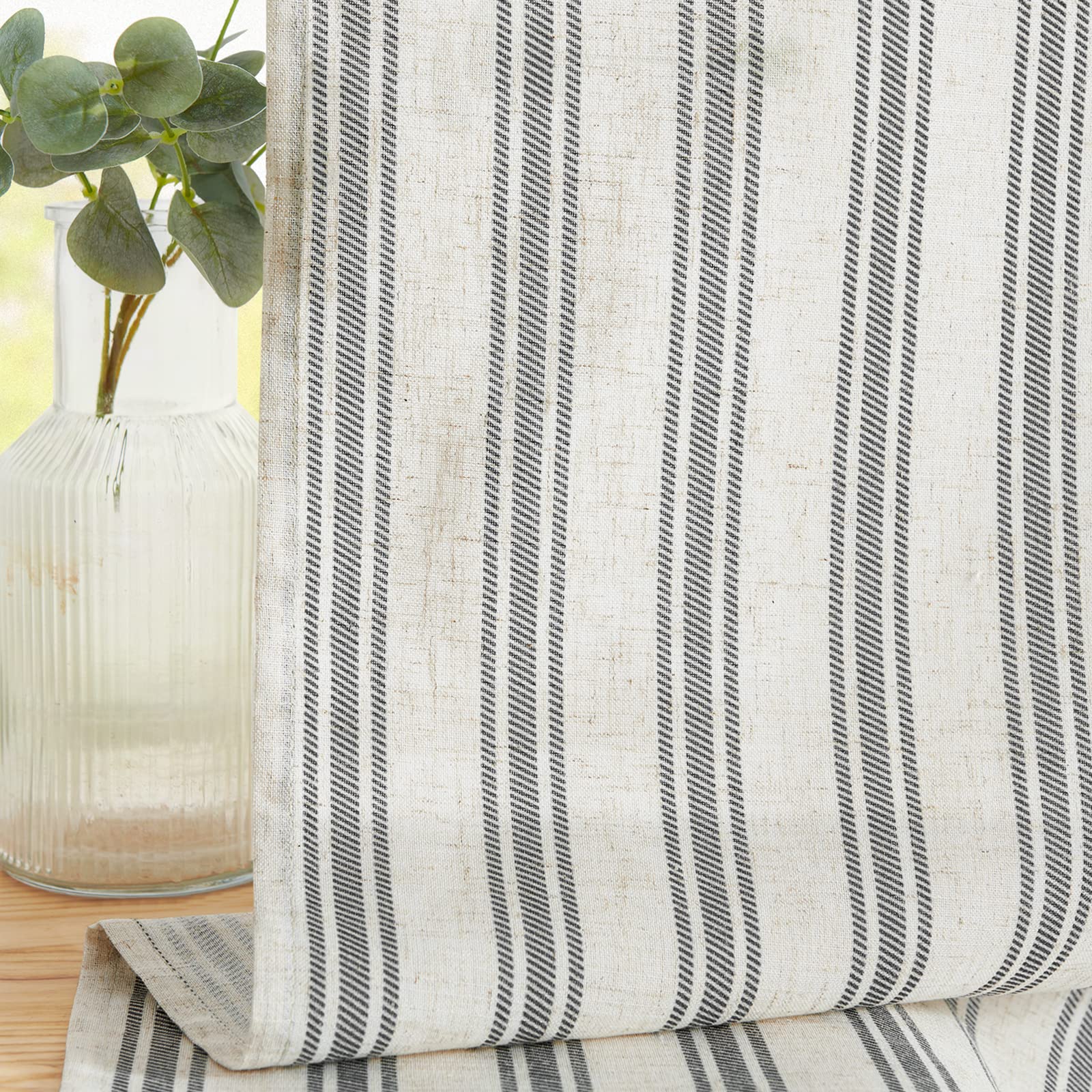 Jinchan Linen Kitchen Curtains Striped Tier Curtains 24 Inch Cafe Curtains Farmhouse Small Curtains Balanced Stripe Half Window Curtains Light Filtering For Bathroom Laundry 2 Panels Black On Beige
