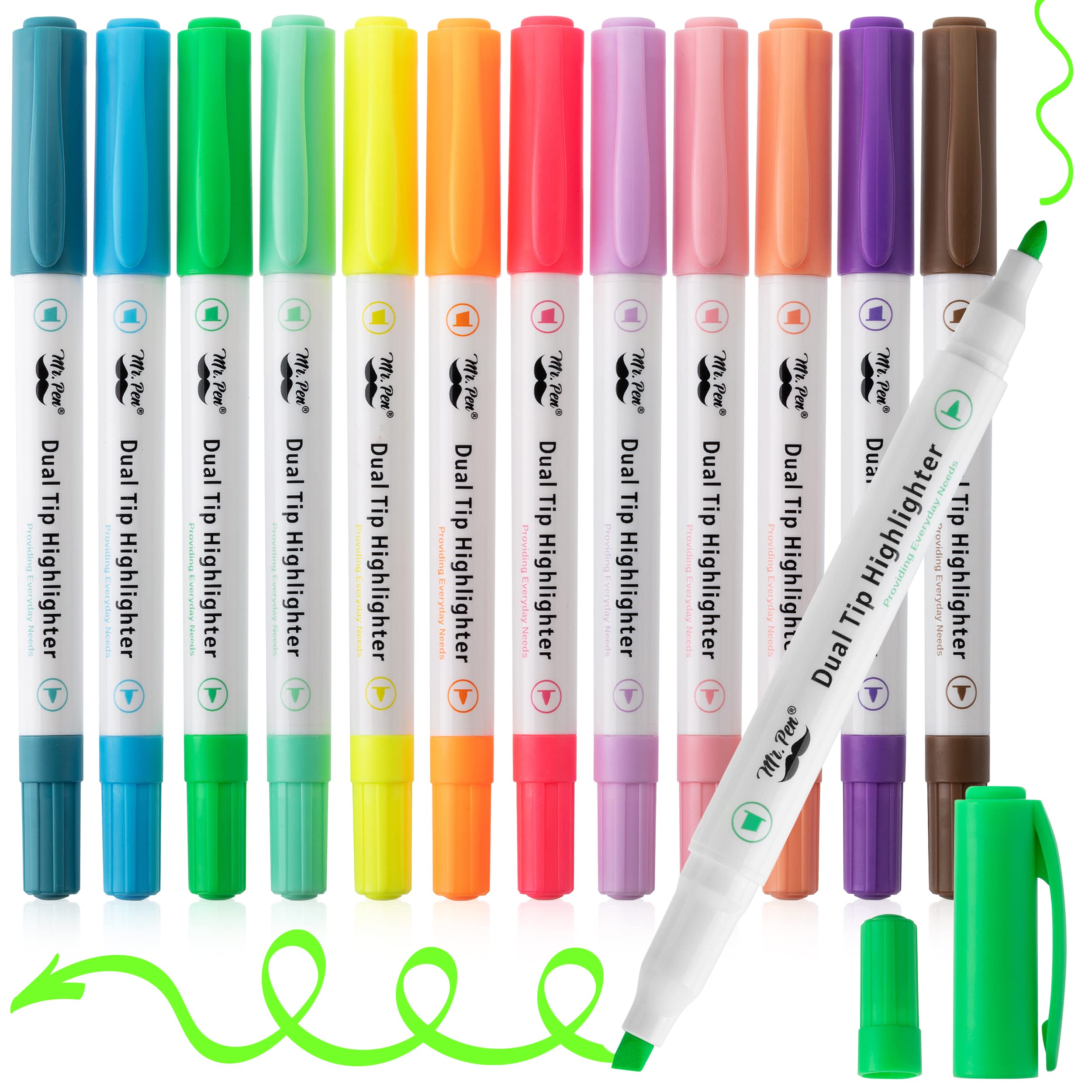 Mr. Pen- Dual Tip Highlighters, Pastel Colors, 12 Pack, Fine & Chisel Tip Assorted Colors, Markers For Journaling